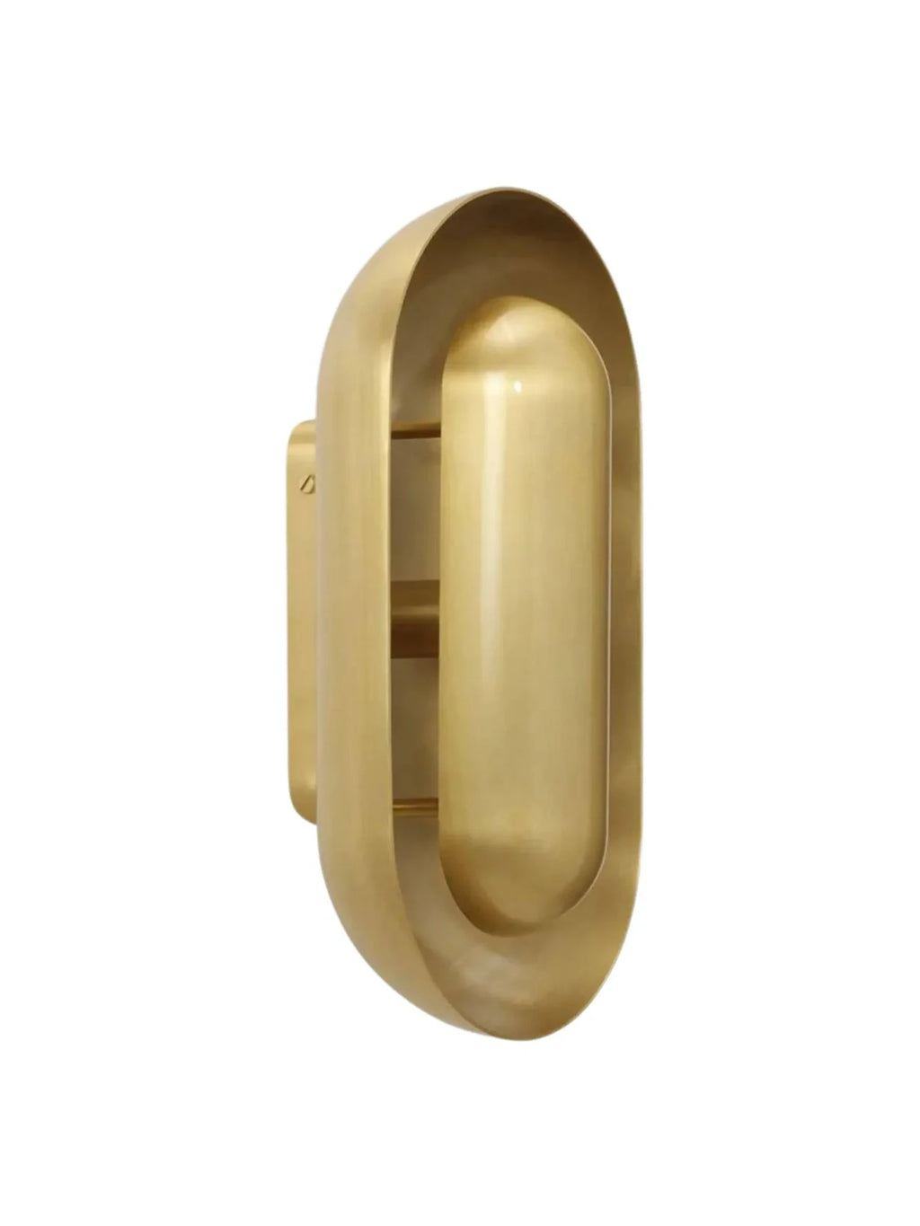 CTO Lighting Capsule Wall Lamp, a modern minimalist brushed brass wall light featuring an elongated oval, capsule-like design with a recessed inner illumination creating a sculptural effect. This luxury gold wall sconce is perfect for contemporary living rooms, elegant hallways, or as a chic bedroom accent for design-conscious interiors.