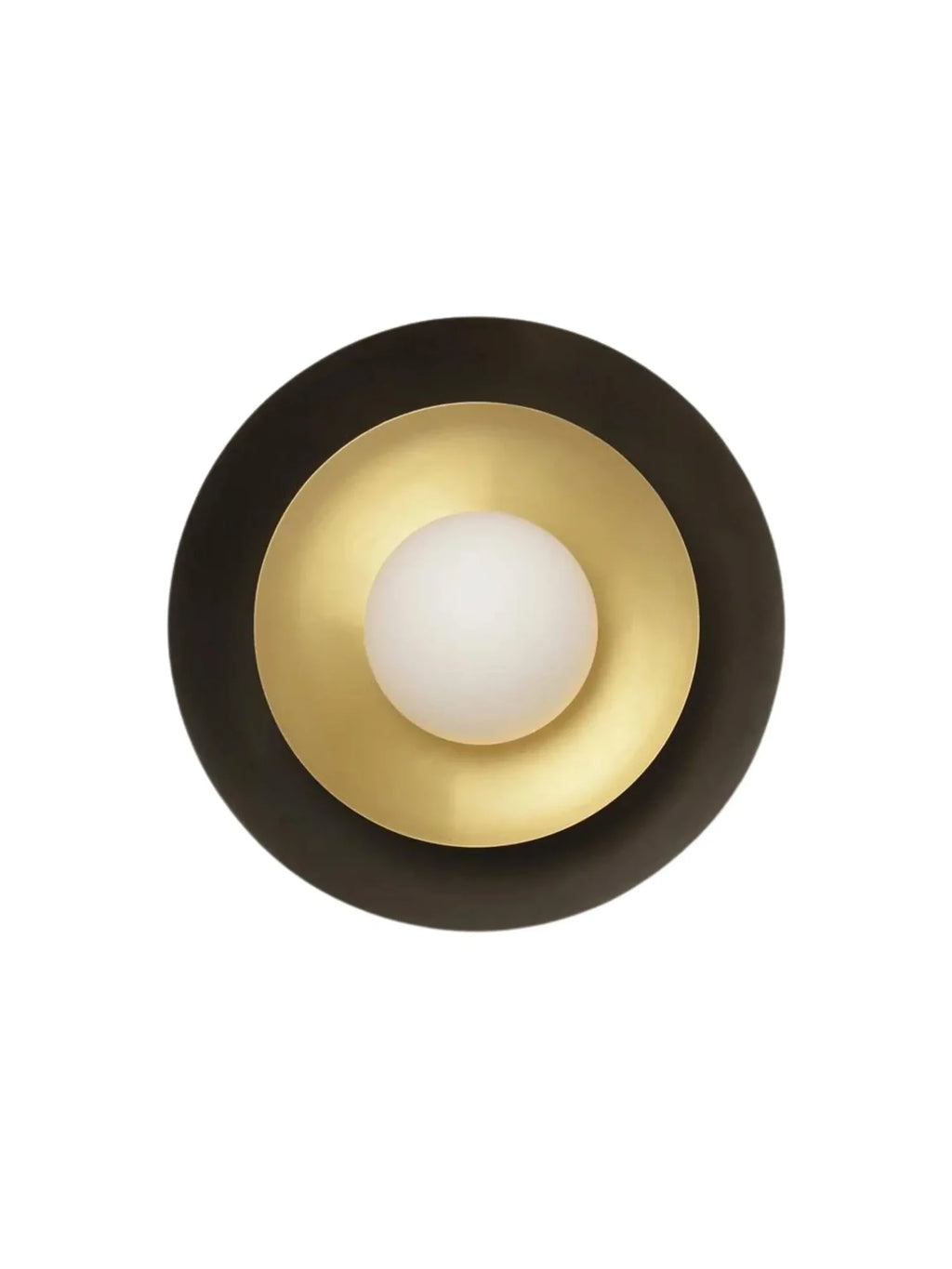 CTO Lighting Carapace Wall Lamp, a luxurious Art Deco-inspired wall light featuring a striking design of concentric circles with an outer matte black metal ring and an inner brushed brass disc, centered by a soft, glowing opal glass sphere. This contemporary wall sconce provides elegant ambient lighting, perfect for adding a sophisticated touch to modern living rooms, bedrooms, or hallways.