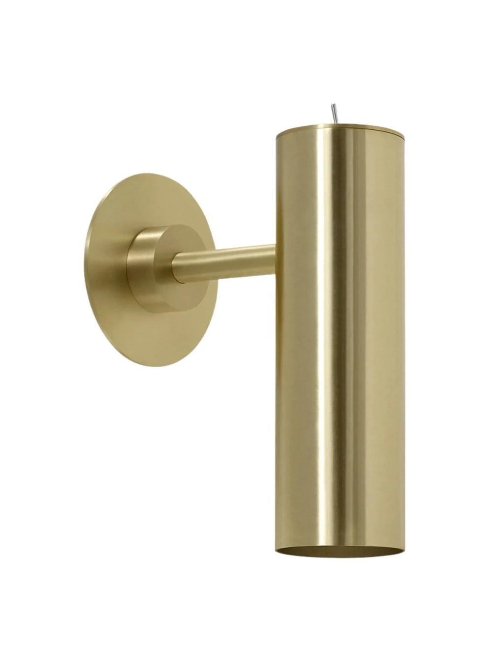 CTO Lighting Heron Wall Lamp, a sleek modern minimalist wall light crafted from brushed brass with a cylindrical shade and a clean circular wall mount, exuding contemporary elegance. This sophisticated gold metal sconce provides ambient lighting, perfect for luxurious living rooms, bedrooms, or hallways in Art Deco or industrial chic interiors.