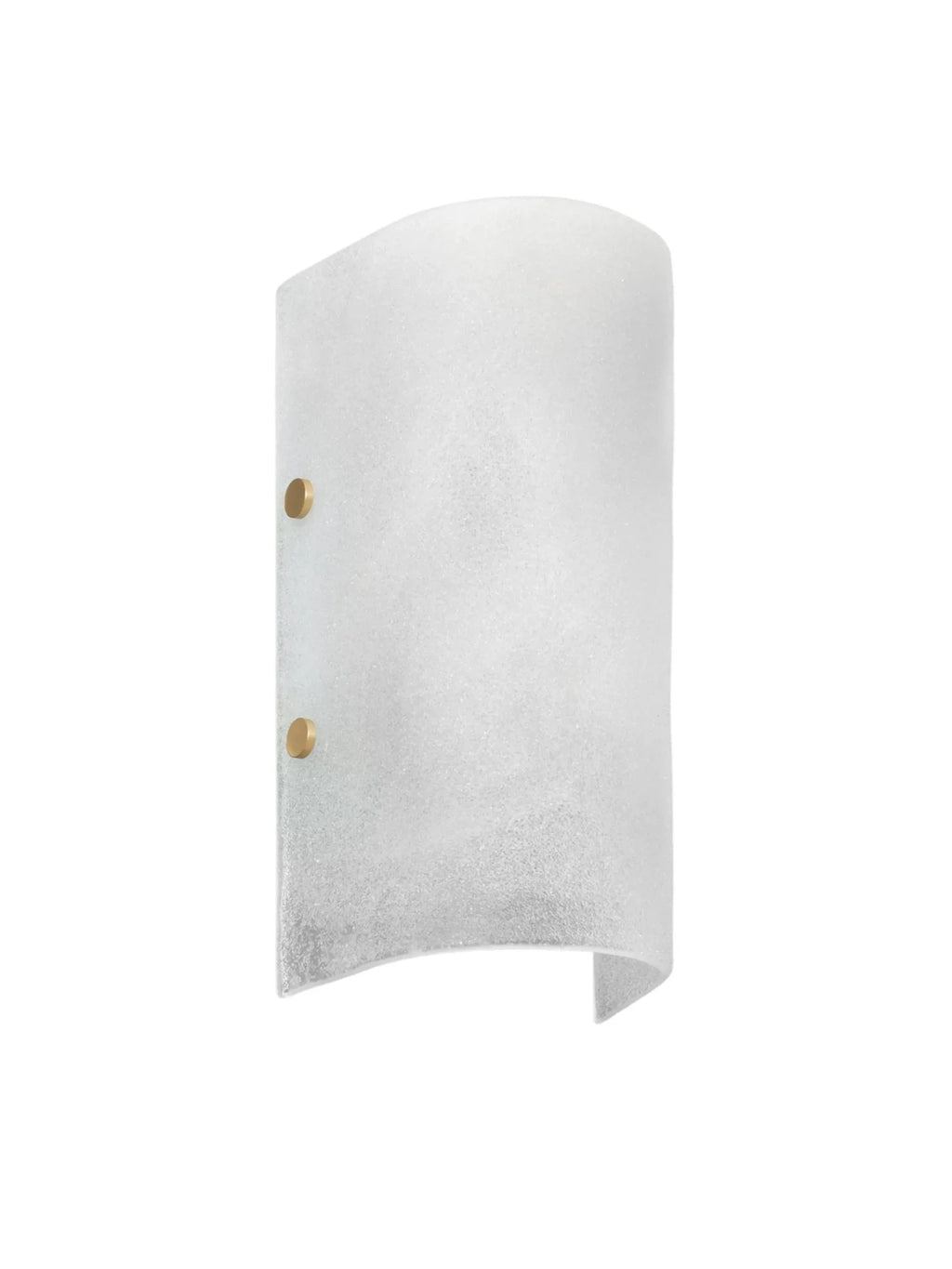 CTO Lighting Whistler Wall Lamp, a luxurious modern wall light featuring a curved frosted glass shade with a unique textured, ice-like finish. It is elegantly mounted with two brushed brass circular fixings that add a touch of warmth and sophistication. Ideal as a contemporary wall sconce for living rooms, hallways, or bedrooms seeking a minimalist yet opulent lighting solution.