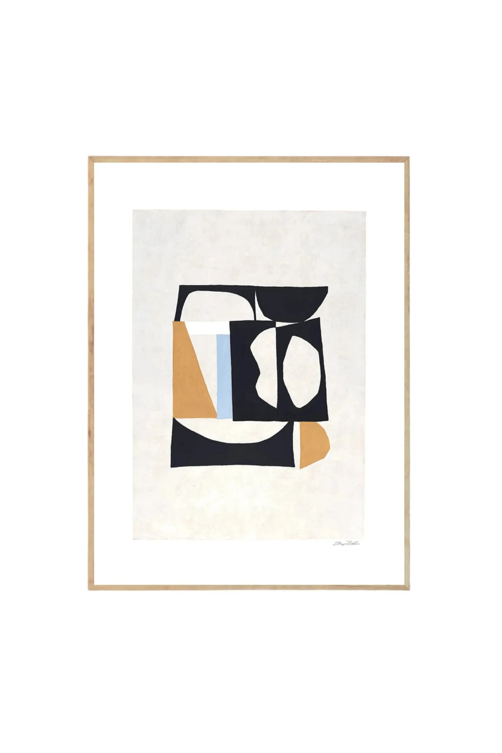 Abstract art print with geometric shapes in black, brown, and blue on a white background, framed in oak.