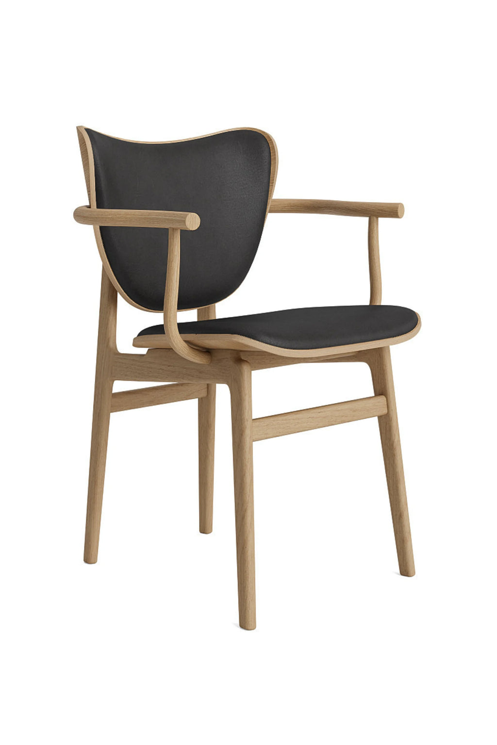NORR11 Elephant Armchair, with a light oak wooden frame and elegantly curved armrests, complemented by a premium black leather upholstery, presented on a clean white background.
