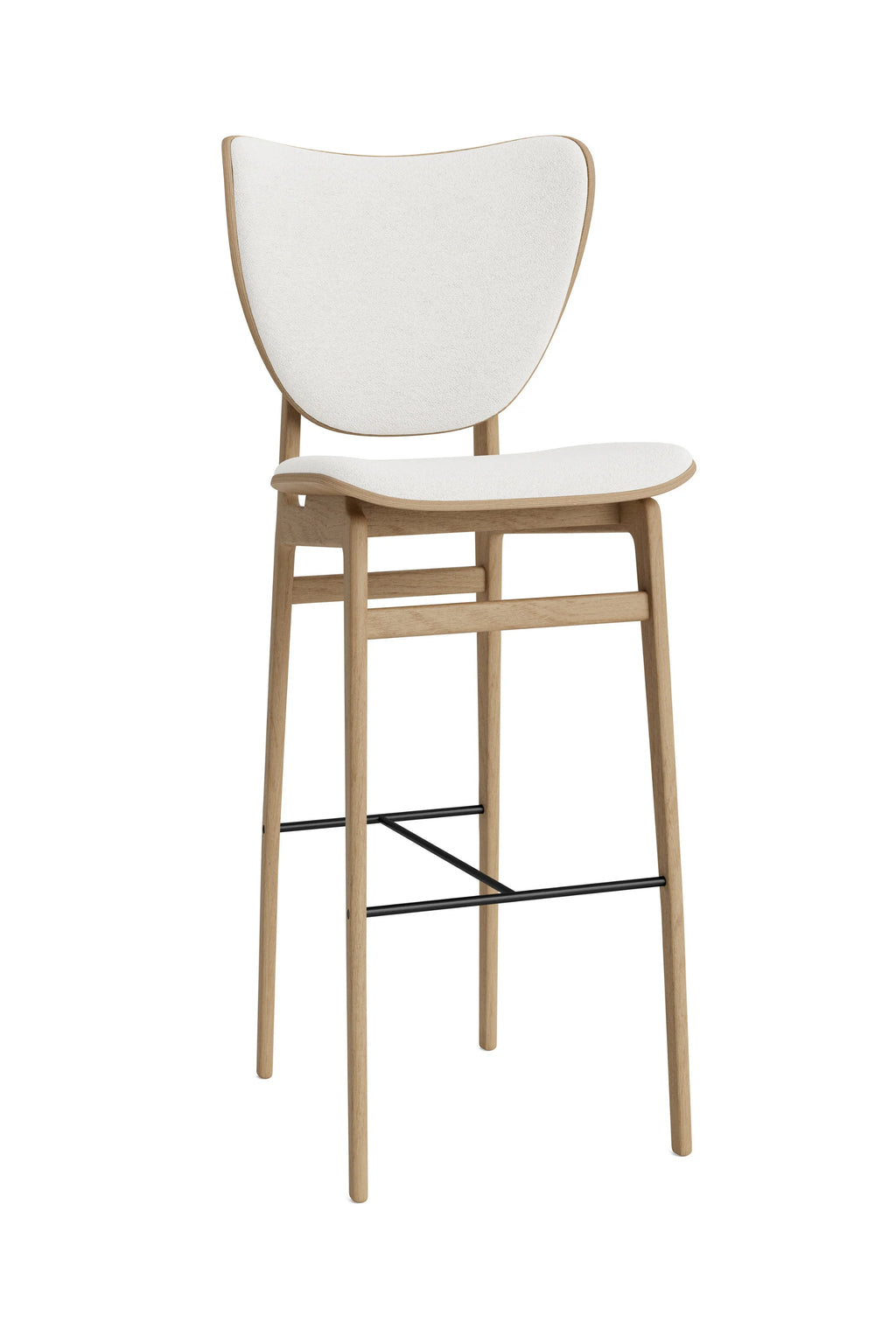 NORR11 Elephant Bar Chair featuring a light oak frame with a curved backrest and seat padded with textured off-white fabric, plus black metal footrests in a studio shot. A premium Scandinavian design for modern kitchens.