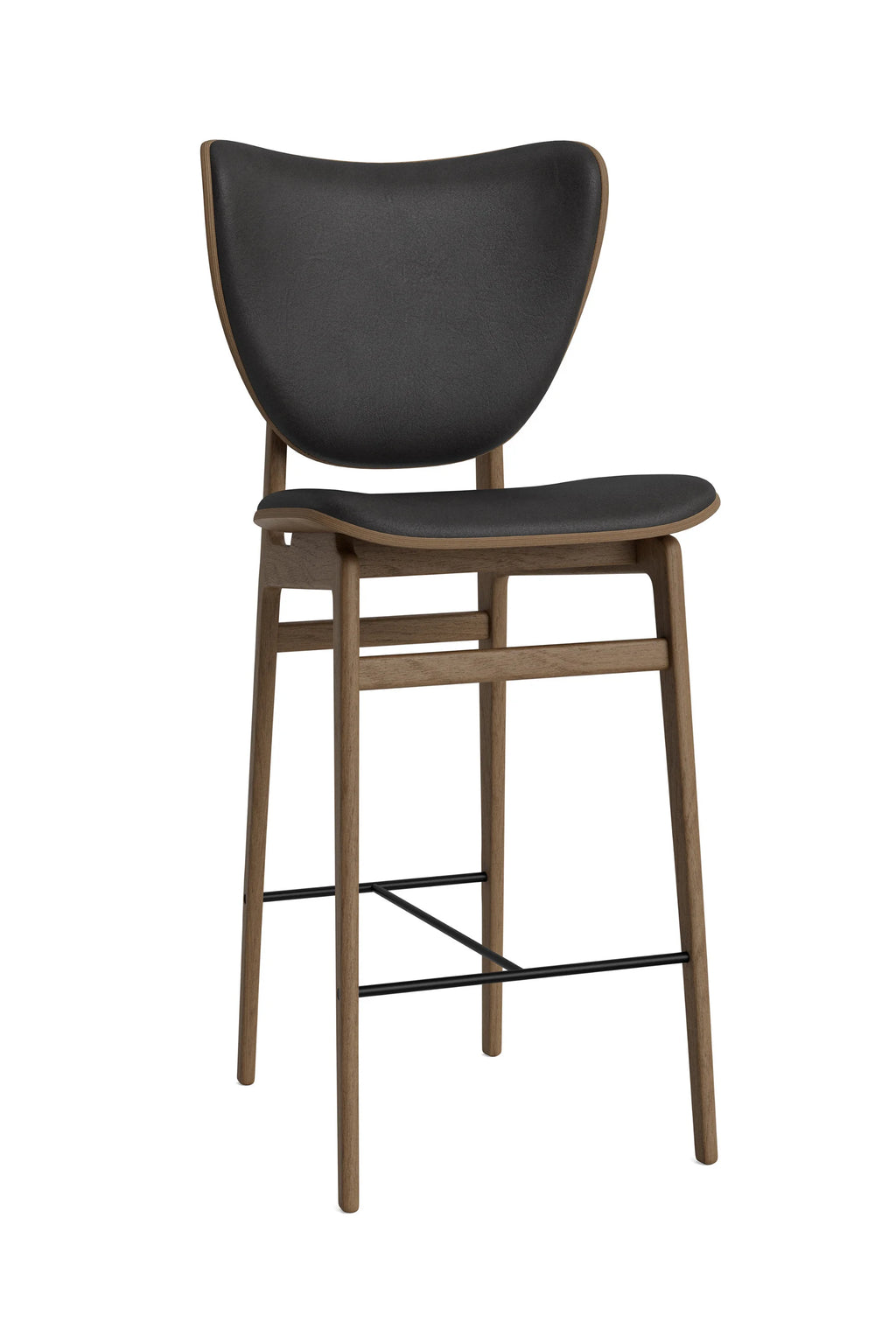 NORR11 Elephant Counter Chair, an elegant counter stool with a light brown oak frame, featuring a comfortable, upholstered black leather seat and backrest, with black metal footrests, displayed on a white background.