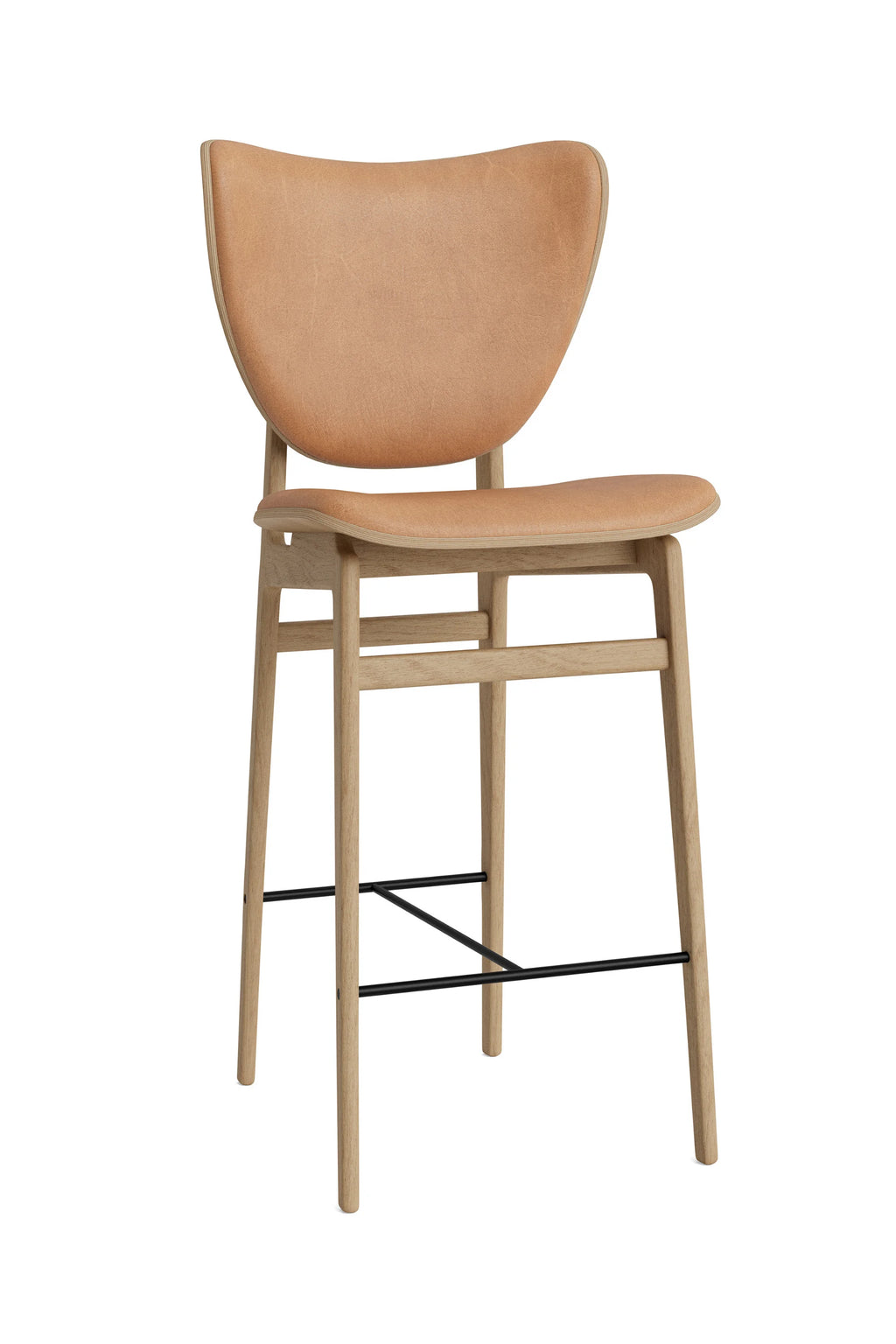 NORR11 Elephant Counter Chair, a premium counter stool with a light natural oak wood frame, featuring a smooth, upholstered tan leather seat and backrest, with black metal footrests, displayed on a white background.