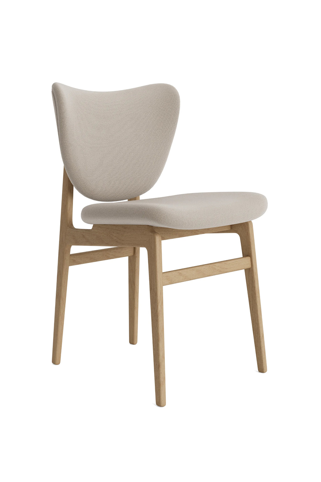 NORR11 Elephant Chair - Full Upholstery, featuring a light cream textured fabric covering the entire seat and back, set against a natural light oak wood frame, displayed on a clean white background. This comfortable chair boasts a minimalist aesthetic.
