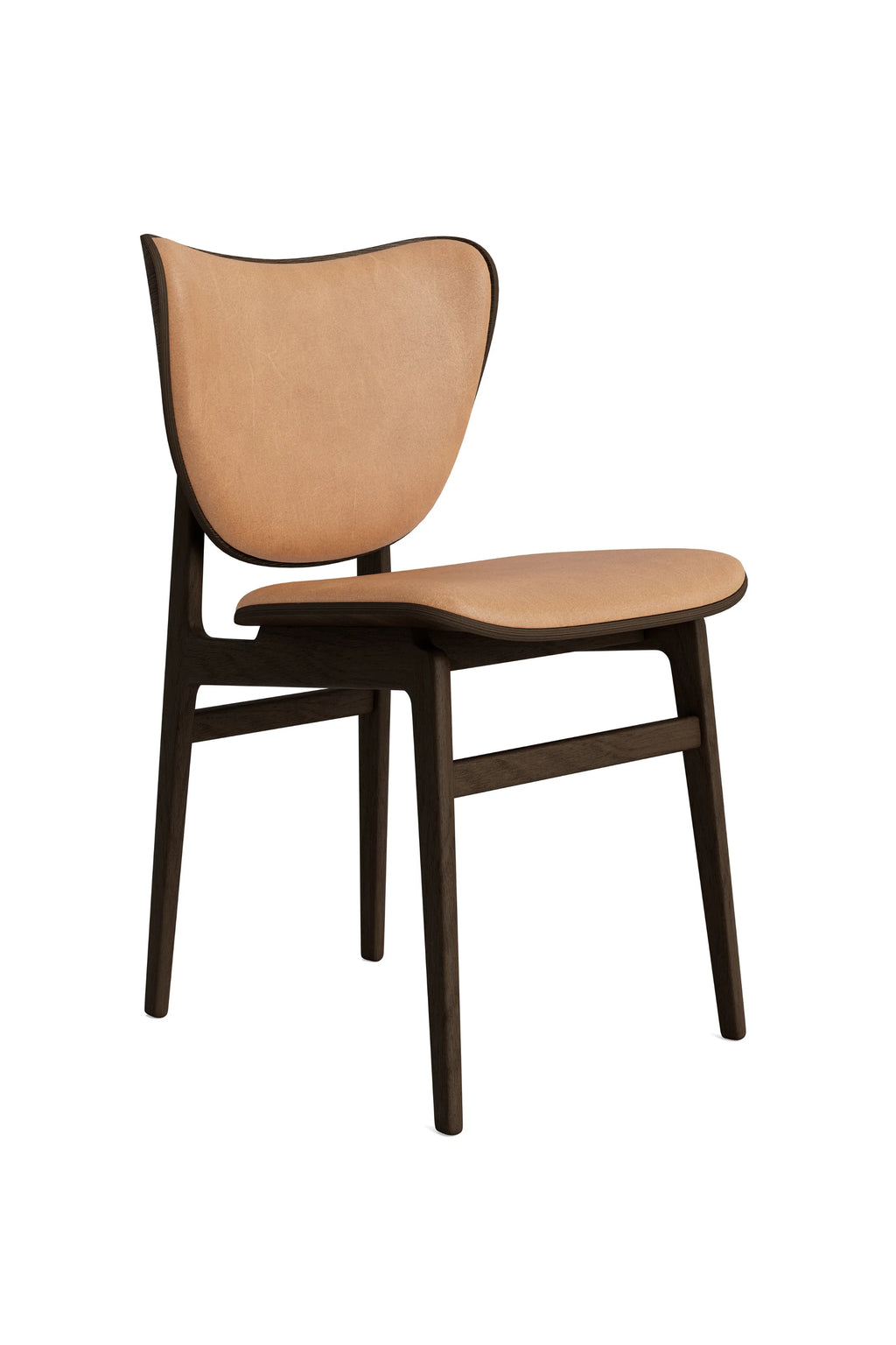 NORR11 Elephant Chair featuring a dark stained oak frame and luxurious light tan leather upholstery, showcasing its elegant curved backrest and seat, presented on a clean white background.