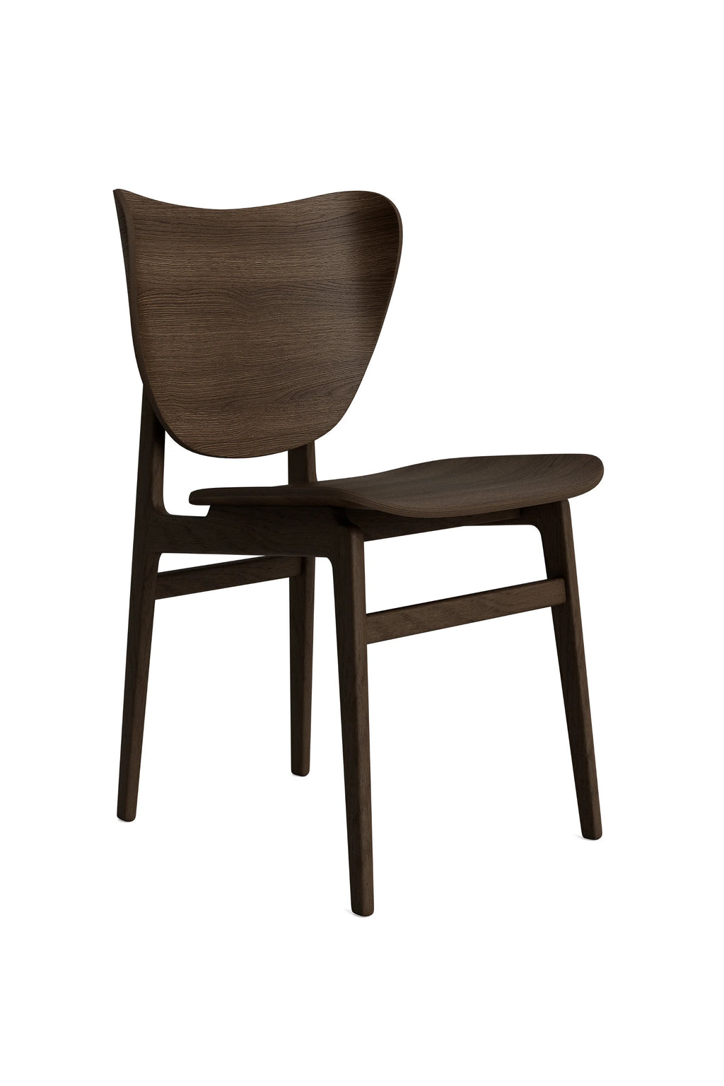 NORR11 Elephant Chair with a dark stained oak wood seat and backrest, showcasing the natural wood grain texture, presented on a clean white background. This minimalist, modern chair offers a sleek, durable design.