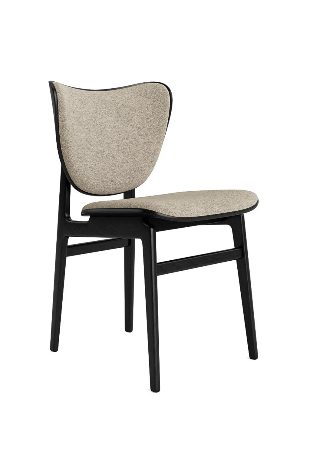 NORR11 Elephant Chair featuring a sleek black stained oak frame and light beige textured fabric upholstery, emphasizing its minimalist yet inviting design with a gracefully curved back and seat on a white background.