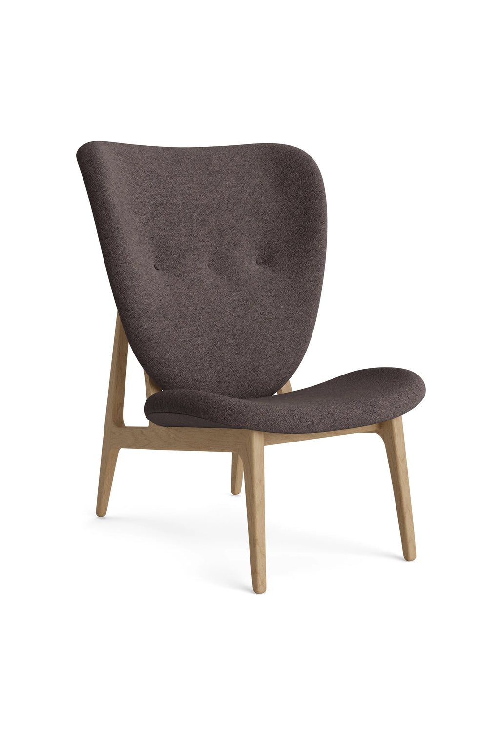 NORR11 Elephant Lounge Chair - Full Upholstery. Stylish lounge chair with dark brown fabric upholstery and a light natural oak wooden frame, showcasing its minimalist design on a white background.