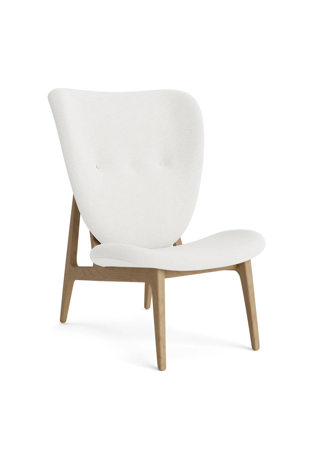 NORR11 Elephant Lounge Chair - Full Upholstery, showcasing a pristine white fabric with a subtle texture, paired with a light oak wooden frame, presented on a white background.