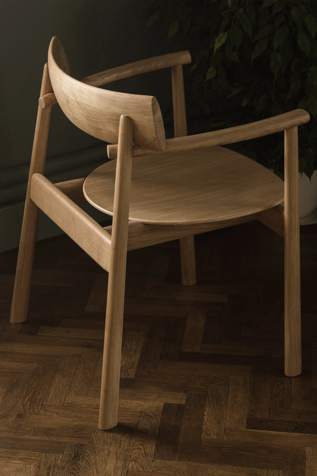 TAMO Elipsa Chair, a premium light oak wood dining chair with a curved backrest, round seat, and visible wood grain, displayed on a dark herringbone floor. Ideal for modern living spaces.