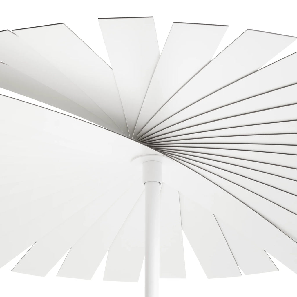 Gandia Blasco Ensombra Folding Parasol with Seating, a modern minimalist outdoor parasol featuring a unique architectural canopy crafted from matte white aluminum slats arranged in a radial, fan-like pattern around a central support. The clean lines and layered design of this contemporary folding parasol create sophisticated sun shade, ideal for luxury patios, modern gardens, and elegant outdoor living spaces.