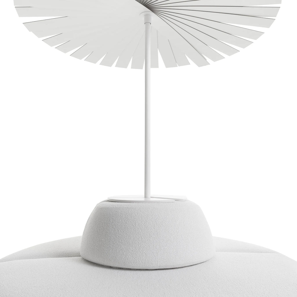 Gandia Blasco Ensombra Folding Parasol with Seating, a modern minimalist outdoor parasol featuring a white powder-coated metal pole and an architectural fan-like canopy composed of segmented white blades,.