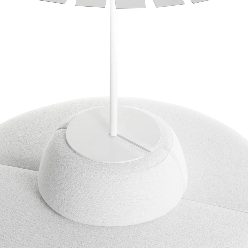 Gandia Blasco Ensombra Folding Parasol with Seating, a contemporary outdoor parasol featuring a sleek white aluminum pole and a unique integrated modular seating element upholstered in a white textured outdoor fabric. The parasol's light gray rectangular blades provide stylish shade, while the rounded, organic seating offers a comfortable bouclé-like lounge experience. Perfect for modern minimalist patios, luxury outdoor lounge areas, and contemporary garden settings.