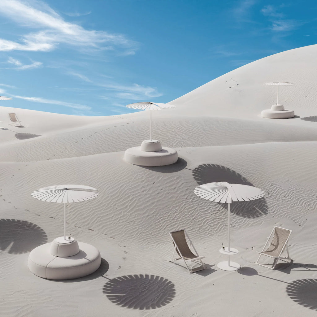 Gandia Blasco Ensombra Folding Parasol with Seating, a modern minimalist outdoor furniture piece featuring a distinctive white metal folding parasol with a fan-like segmented canopy and a seamlessly integrated round.