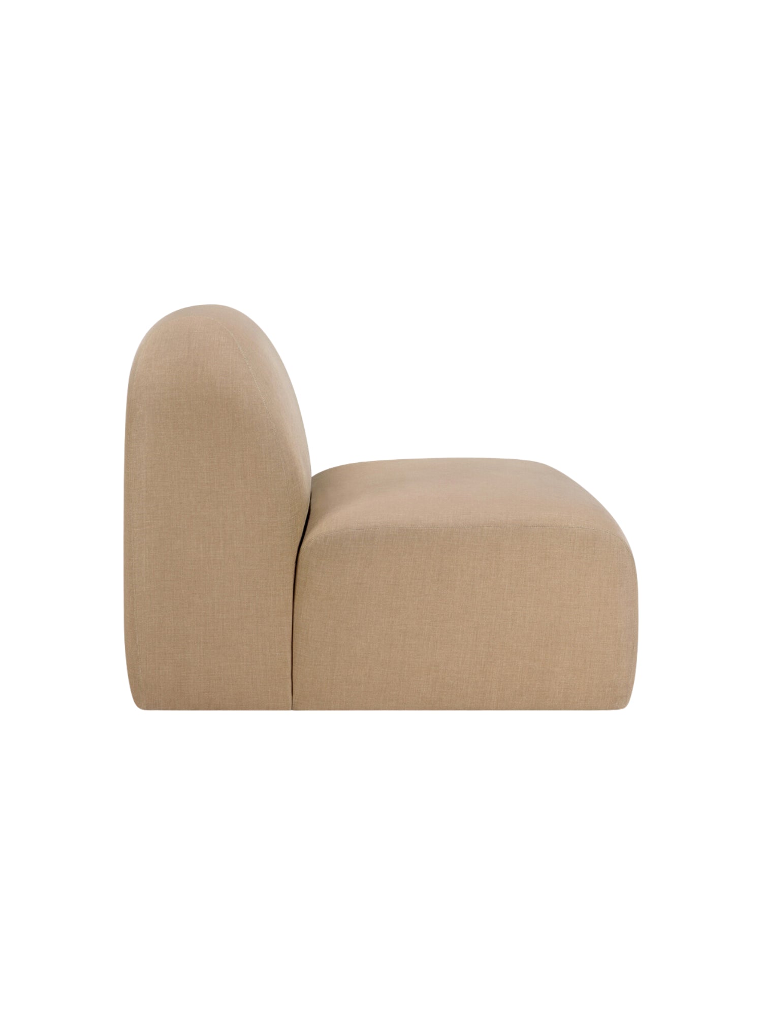 Ethnicraft Bulky Modular Sofa 1-seater module, a side view of the contemporary beige fabric armchair, showcasing its sleek profile and plush, rounded design on a white background.