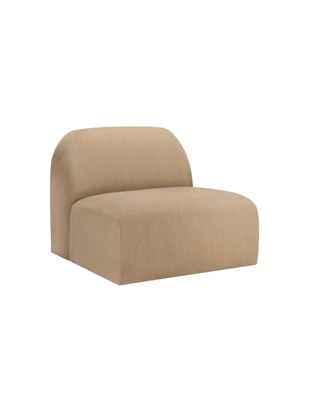 Ethnicraft Bulky Modular Sofa 1-seater module, a modern and elegant beige fabric armchair with a curved backrest and arm, displayed on a crisp white background.