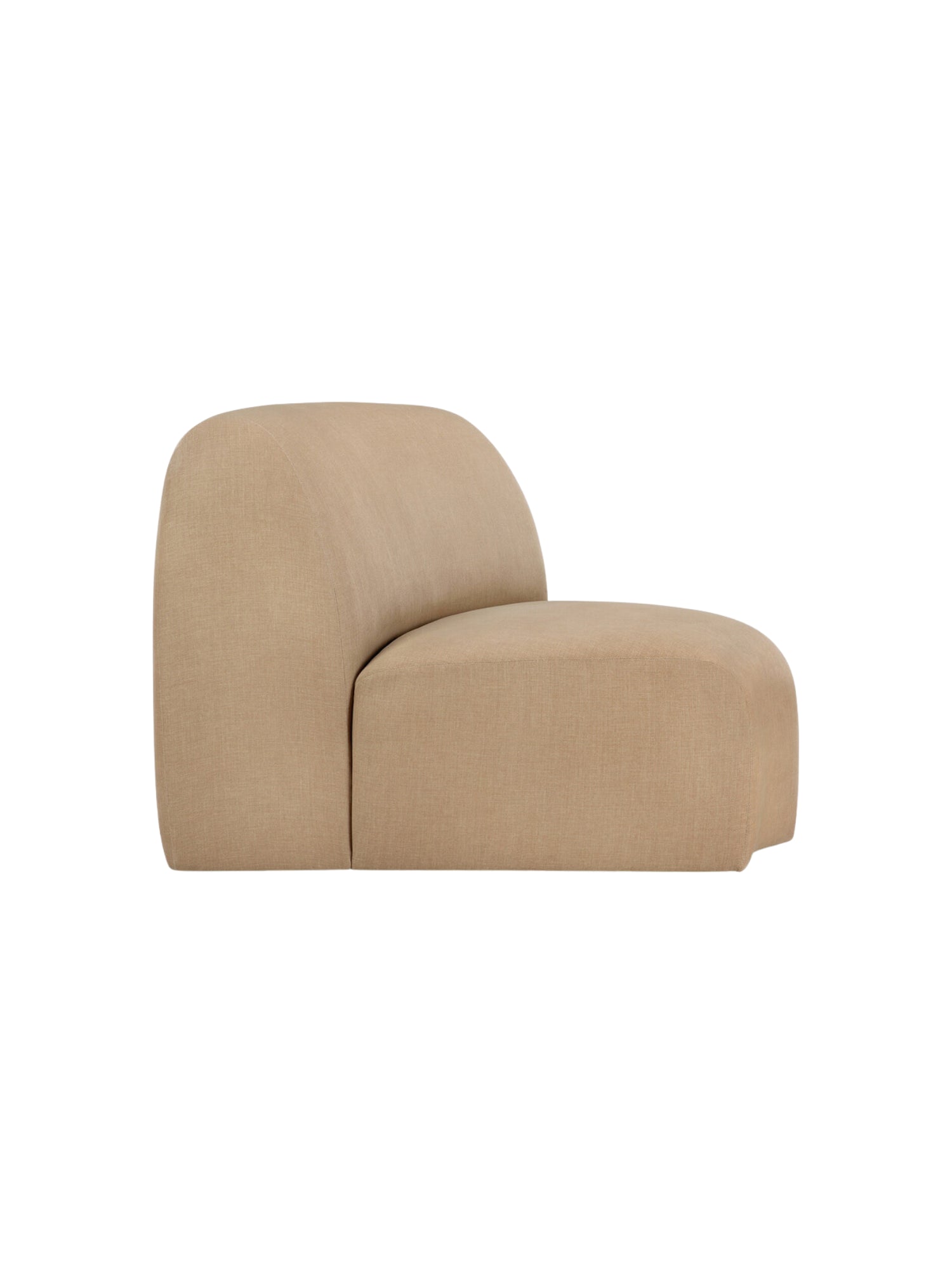 Ethnicraft Bulky Modular Sofa 45-degree round corner module, right side view, featuring a gracefully curved back and armrest. Upholstered in a rich, warm brown fabric, this piece offers a soft, inviting aesthetic, on a white background.