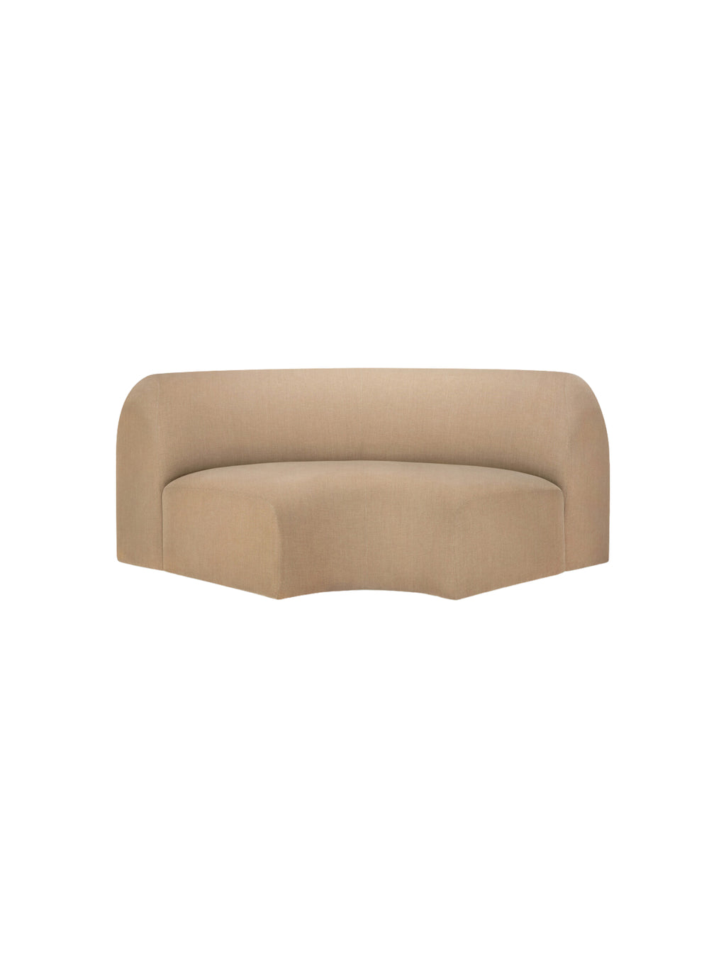 Ethnicraft Bulky Modular Sofa 90-degree round corner module, presented from the front. This elegant, generously proportioned sofa piece showcases a soft beige fabric upholstery with a subtle, inviting texture, ideal for contemporary interiors. Displayed on a clean white background.