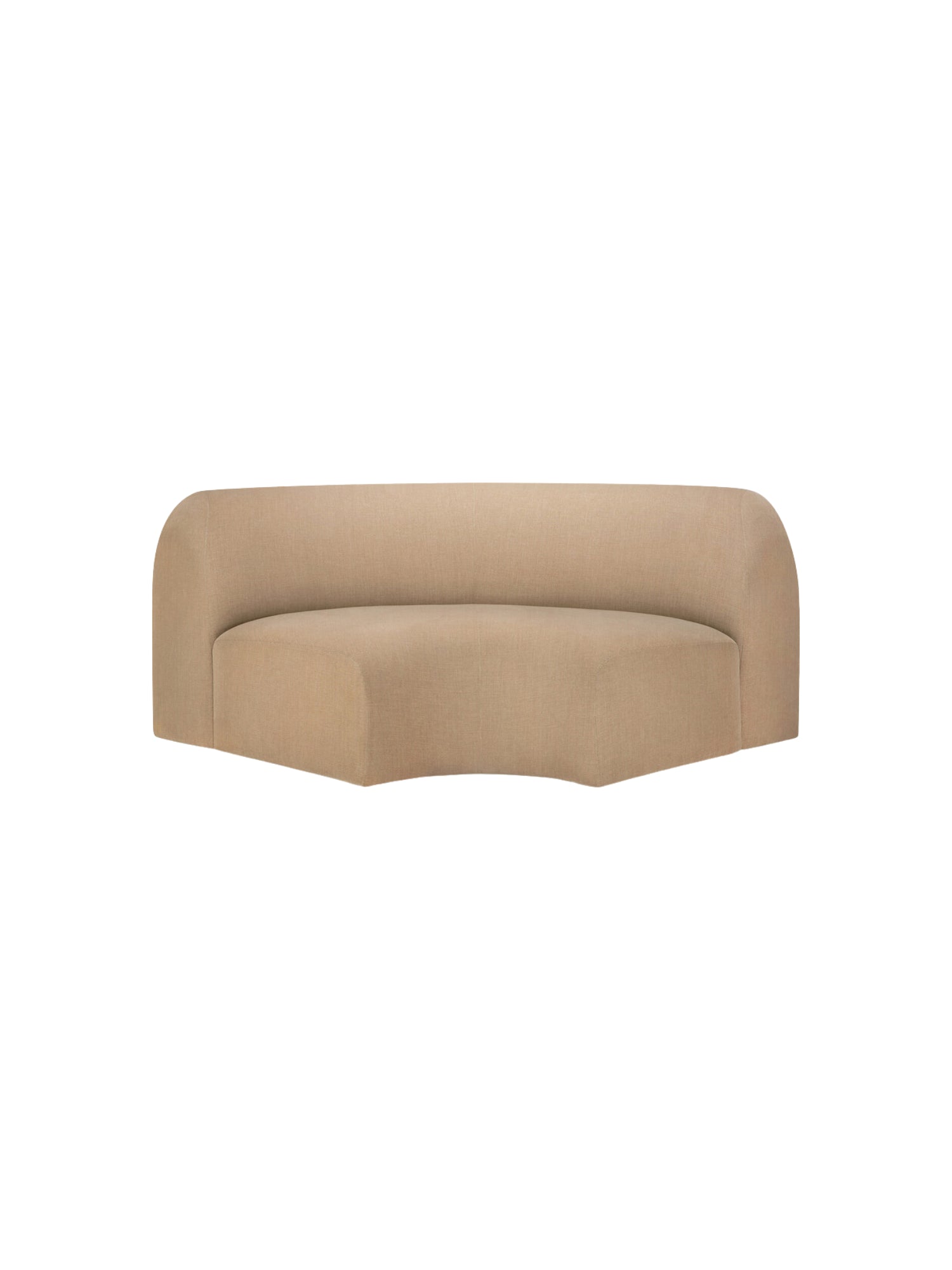 Ethnicraft Bulky Modular Sofa 90-degree round corner module, presented from the front. This elegant, generously proportioned sofa piece showcases a soft beige fabric upholstery with a subtle, inviting texture, ideal for contemporary interiors. Displayed on a clean white background.