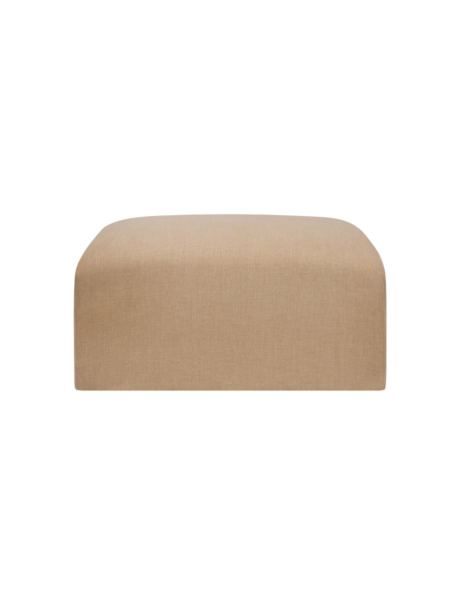 Ethnicraft Bulky Modular Sofa 90-degree round corner module, shown from the front. This premium, minimalist sofa section features a rich beige fabric upholstery with a durable, textured finish, designed for sophisticated comfort and style. Displayed on a pristine white background.