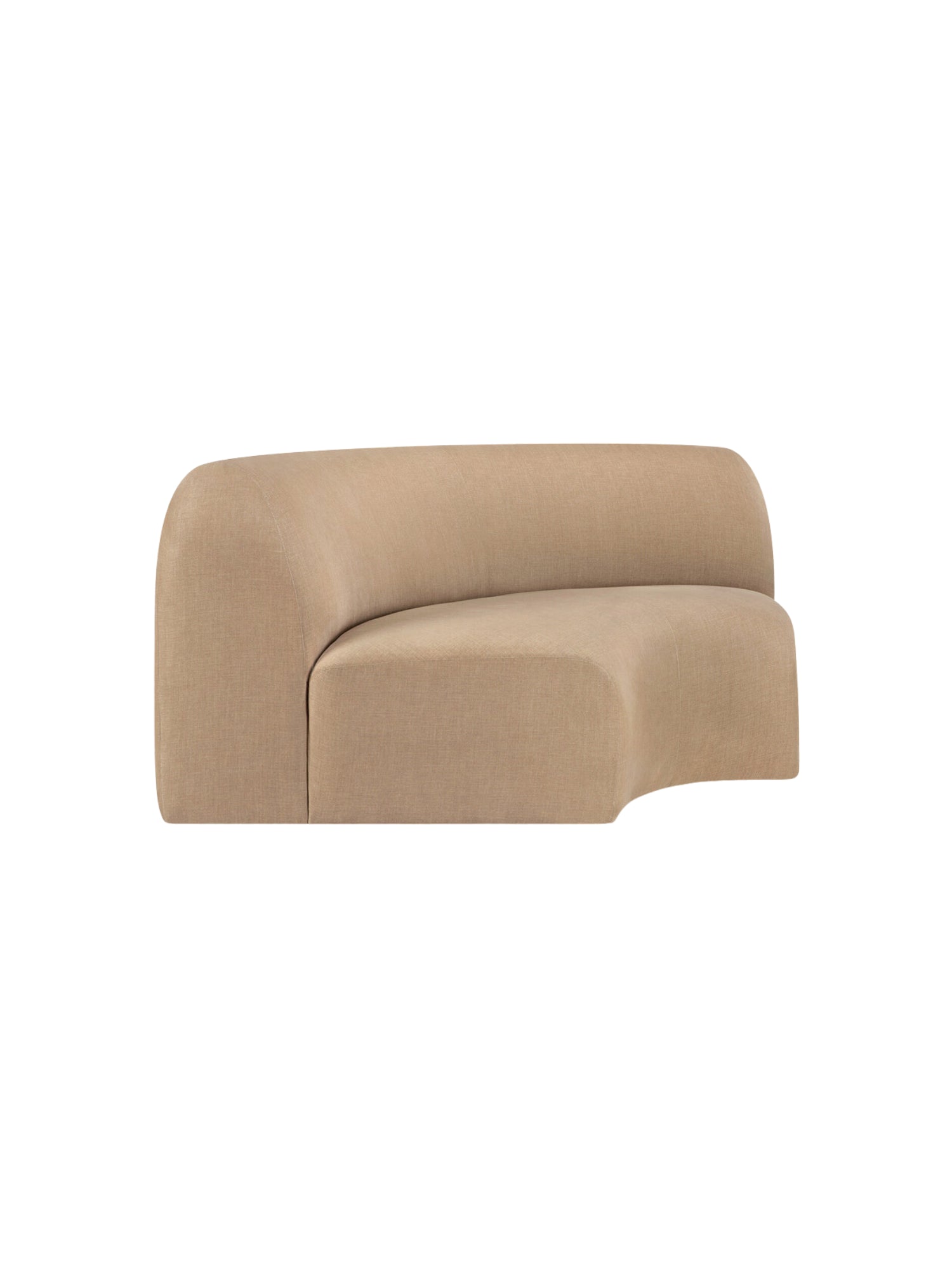 Ethnicraft Bulky Modular Sofa 90-degree round corner module, viewed from the right. This stylish, curved sofa section features a smooth beige fabric upholstery with a refined texture, perfect for creating a cozy, modern living space. Displayed on a crisp white background.