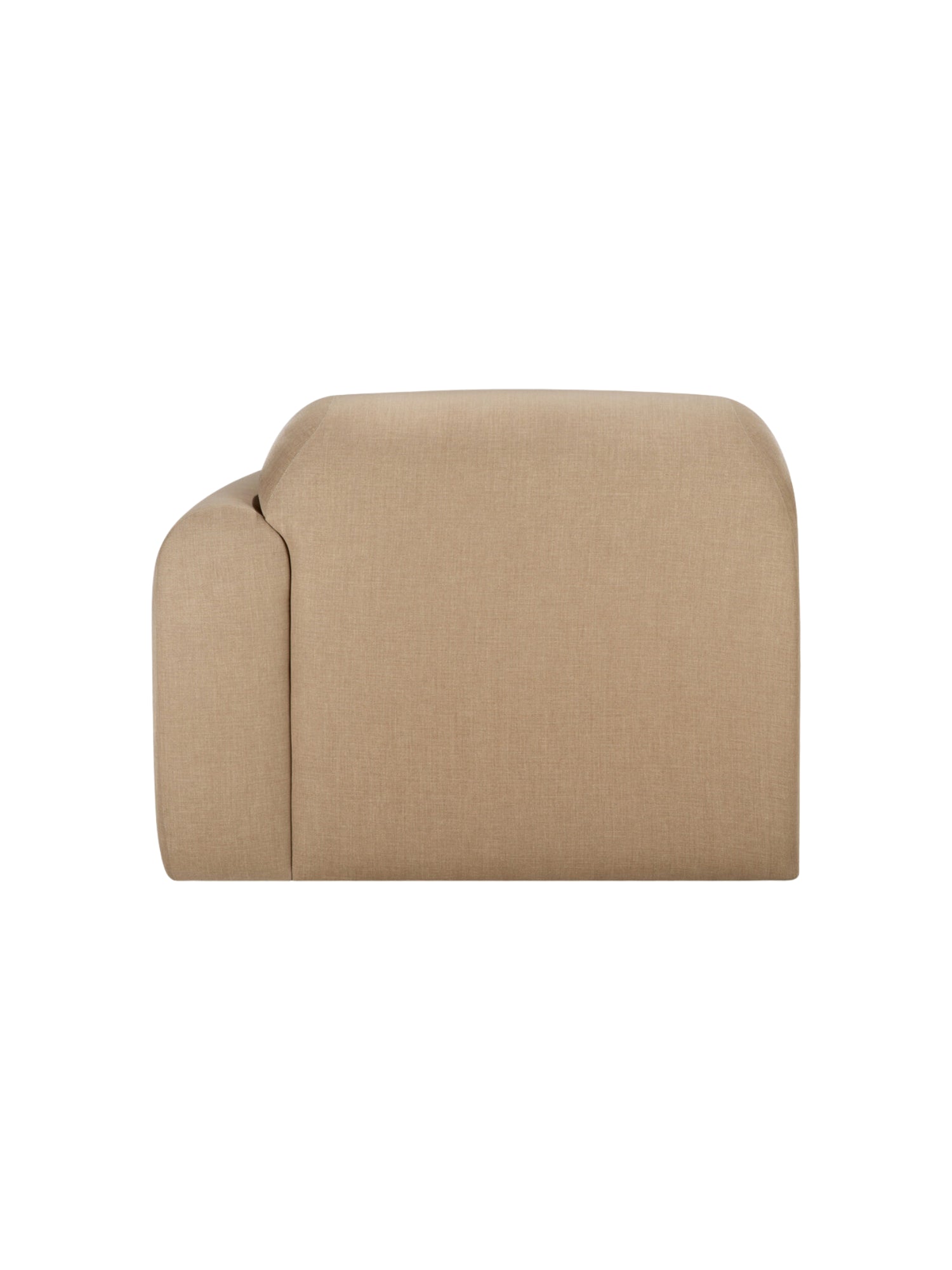 Ethnicraft Bulky Modular Sofa, an overhead view of the back of the end seater module, highlighting its broad, rounded backrest and the consistent light brown textured fabric, on a white background.