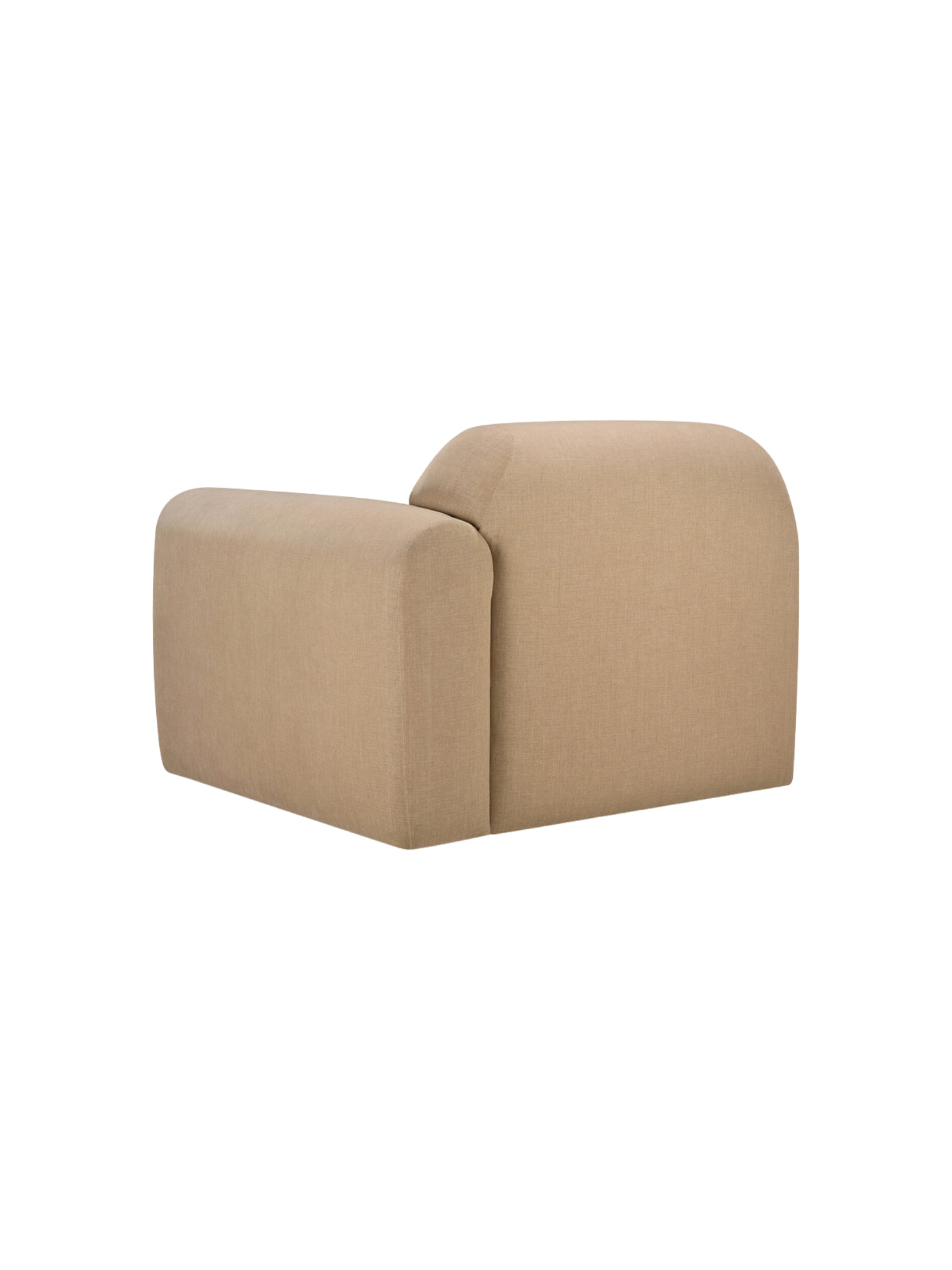 Ethnicraft Bulky Modular Sofa side view, showcasing its plush, rounded armrest and backrest in a warm, textured beige fabric, displayed on a clean white background.