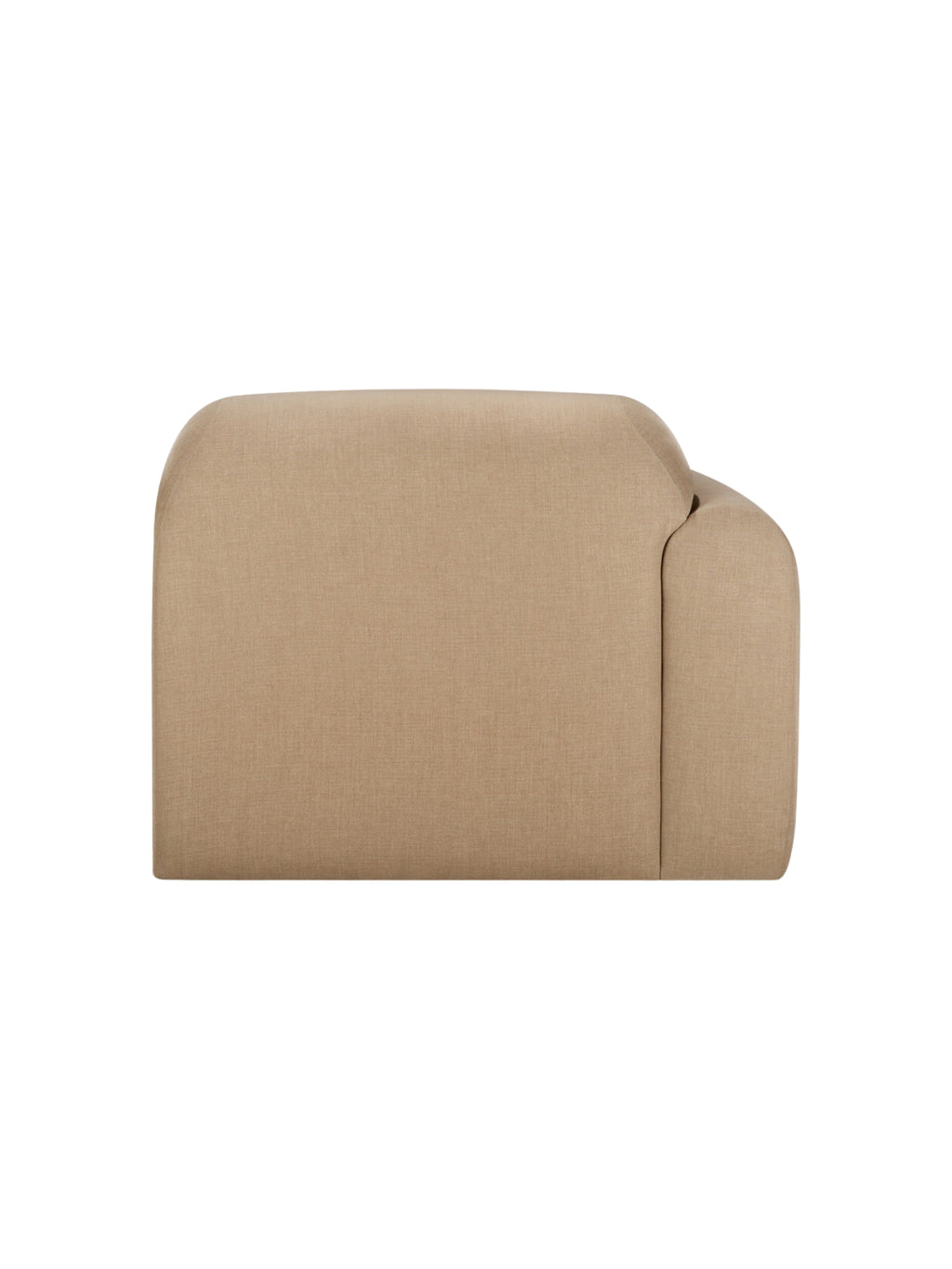 Ethnicraft Bulky Modular Sofa, an overhead view of the end seater module with a right arm, revealing its compact, rounded shape and the consistent light brown textured fabric, on a white background.