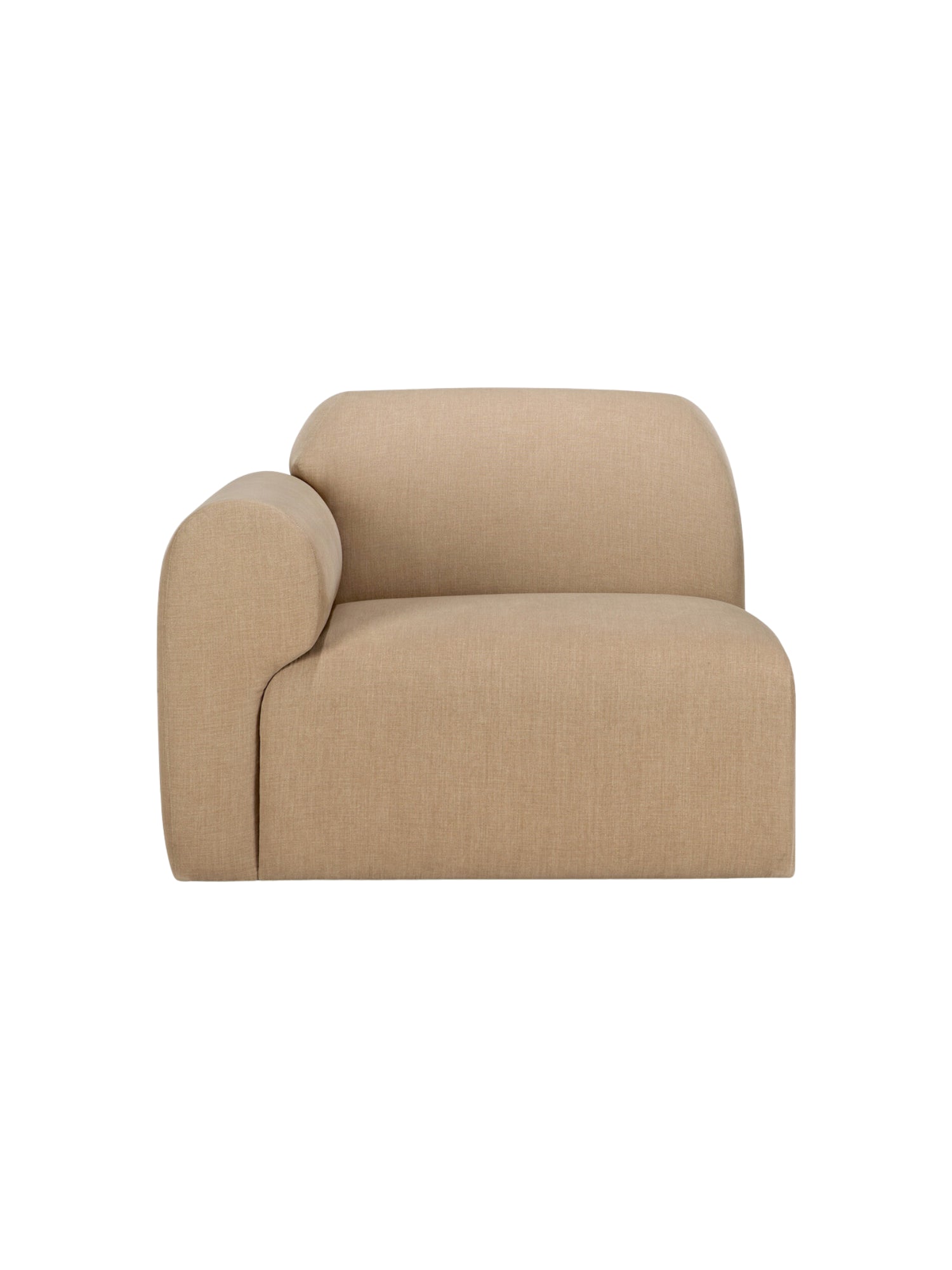 Ethnicraft Bulky Modular Sofa, a front view of the end seater module with a right arm, emphasizing its clean lines and the inviting, soft light brown textured fabric, presented on a white background.