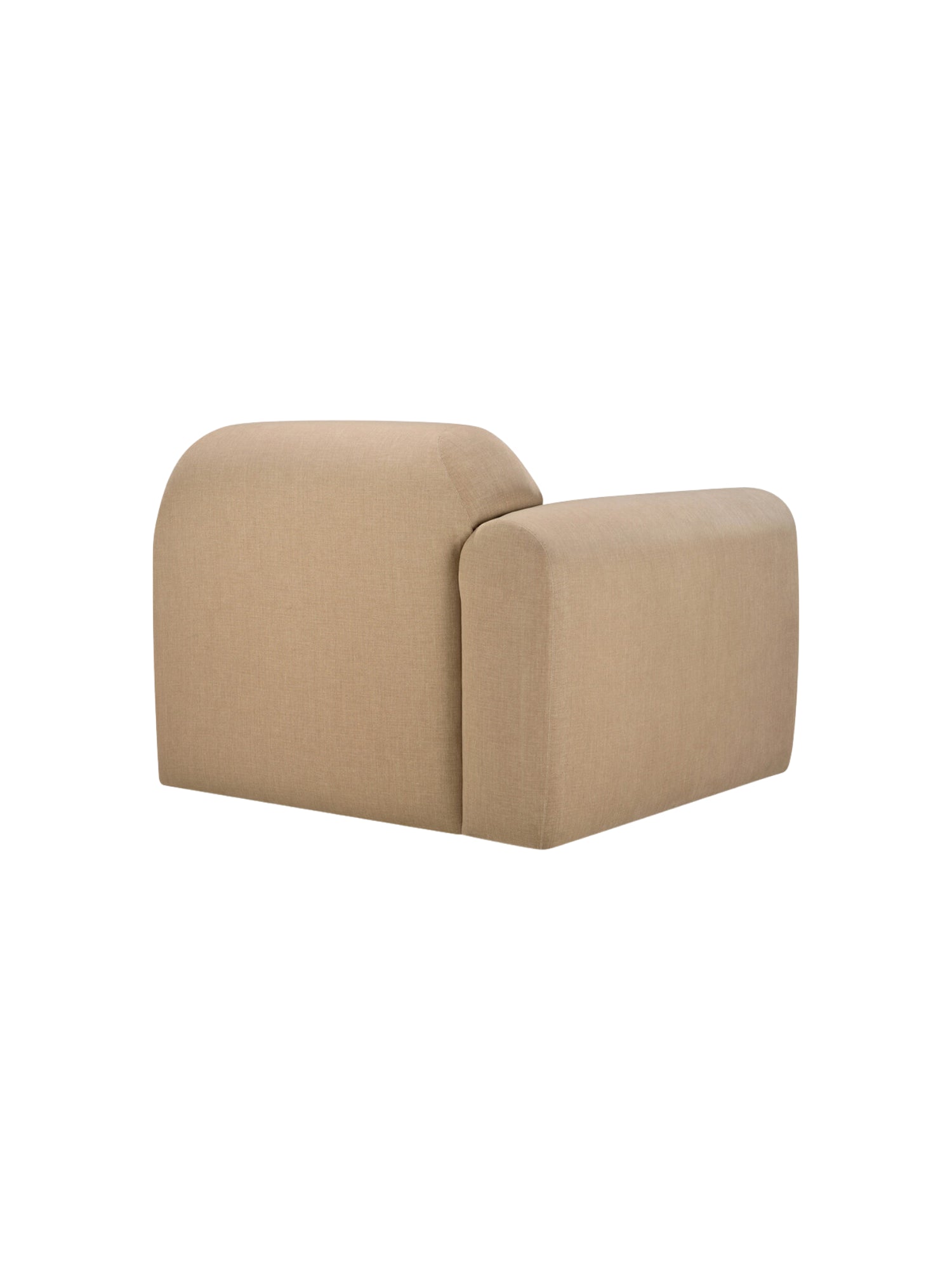 Ethnicraft Bulky Modular Sofa, a side-angle view of the end seater module with a right arm, showcasing its sleek profile and the inviting light brown textured fabric, presented on a white background.