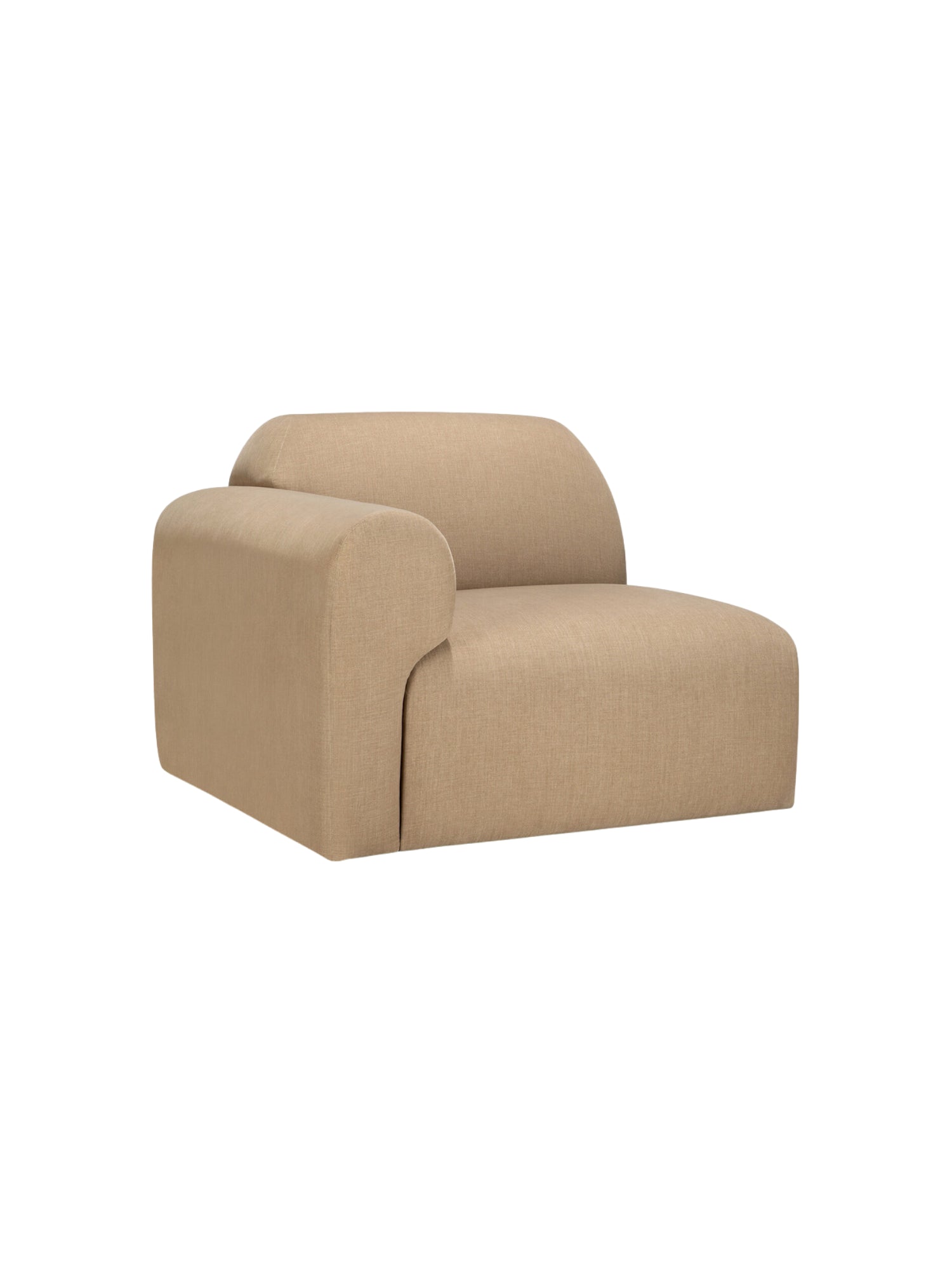 Ethnicraft Bulky Modular Sofa, a three-quarter front view of the end seater module with a right arm, highlighting its comfortable, rounded design and premium light brown textured fabric, on a white background.
