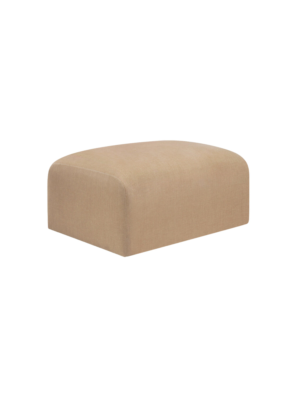 Ethnicraft Bulky Modular Sofa footstool module, presented from the side. This compact, elegant ottoman features a soft beige fabric upholstery with a fine, woven texture, offering a versatile and comfortable addition to any living area. Displayed on a pristine white background.