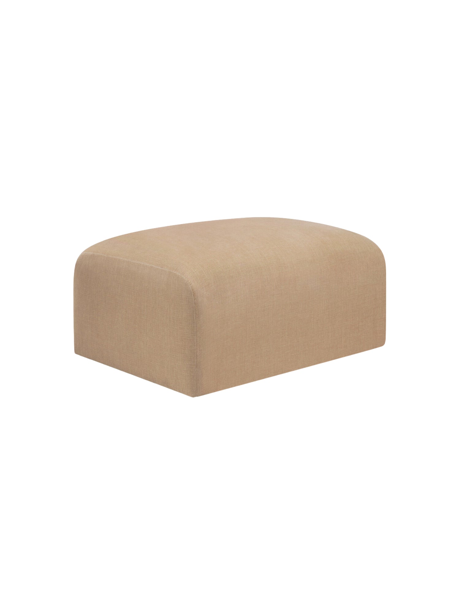 Ethnicraft Bulky Modular Sofa footstool module, presented from the side. This compact, elegant ottoman features a soft beige fabric upholstery with a fine, woven texture, offering a versatile and comfortable addition to any living area. Displayed on a pristine white background.