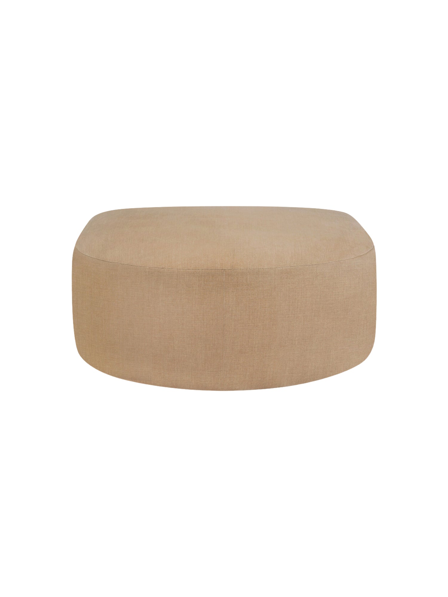 Ethnicraft Bulky Modular Sofa semi-circle footstool module, shown from the front. This contemporary, plush piece boasts a warm beige fabric upholstery with a finely woven texture, offering versatile and comfortable seating. Displayed on a pristine white background.