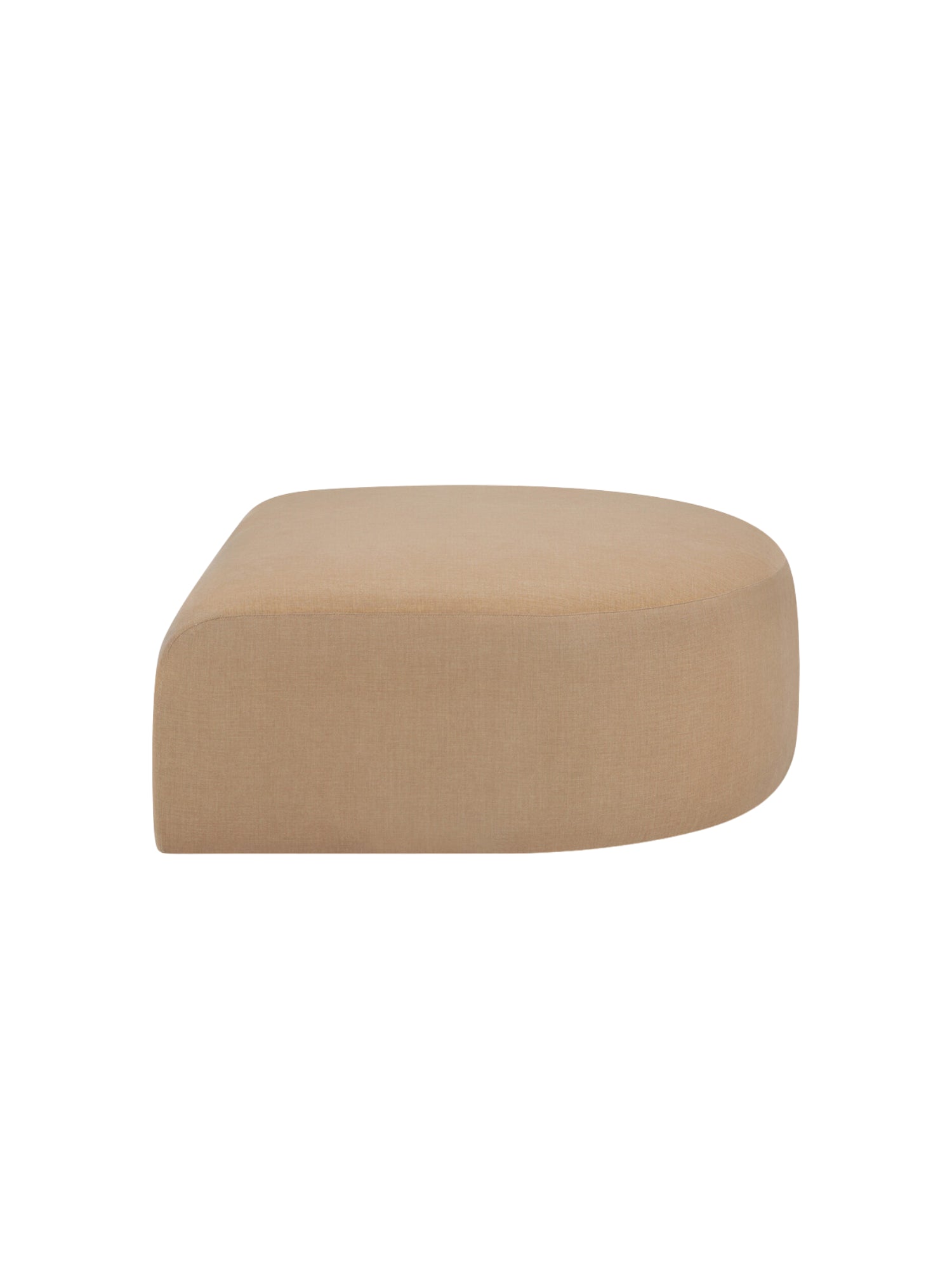 Ethnicraft Bulky Modular Sofa semi-circle footstool module, presented from the left side. This modern, elegant piece features a soft beige fabric upholstery with a subtle texture, designed for luxurious comfort. Displayed on a clean white background.