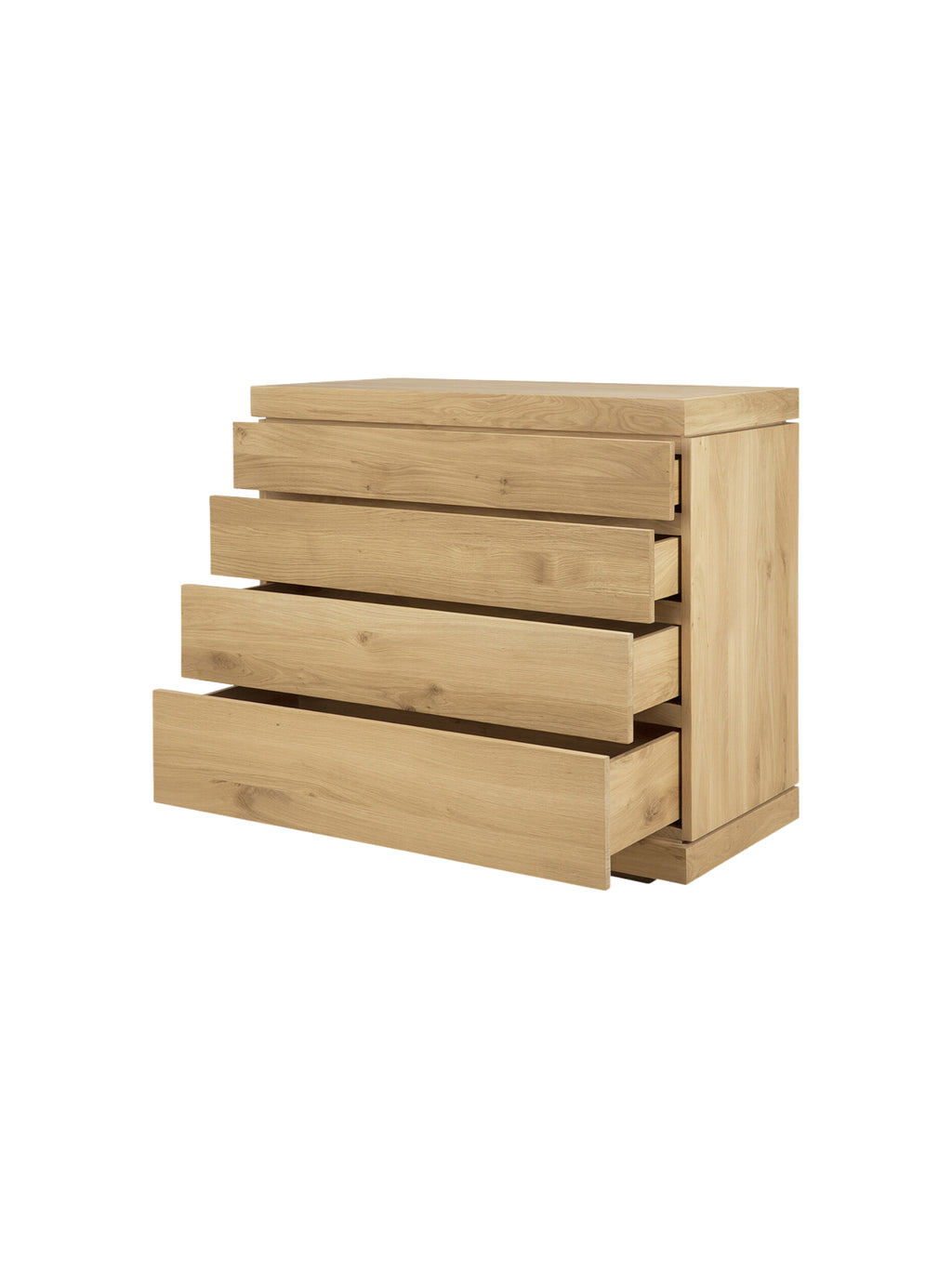 Ethnicraft Burger Dresser in Oak, a modern light natural oak wood dresser with four drawers partially open, displaying the smooth interior and premium solid wood construction on a white background.