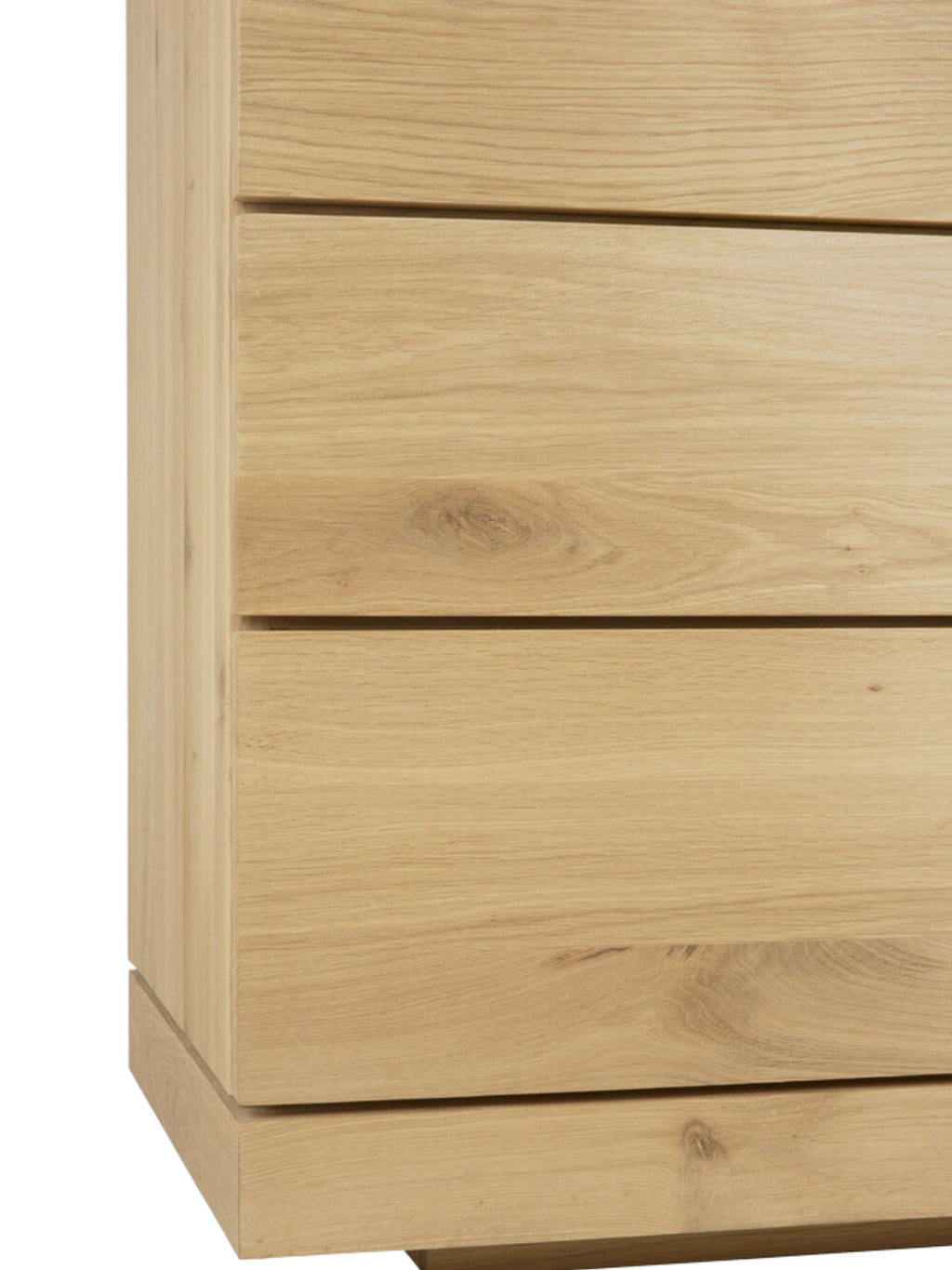 Ethnicraft Burger Dresser detail, highlighting the premium natural oak wood grain and smooth finish of the drawers and side panel, emphasizing the craftsmanship and minimalist design.