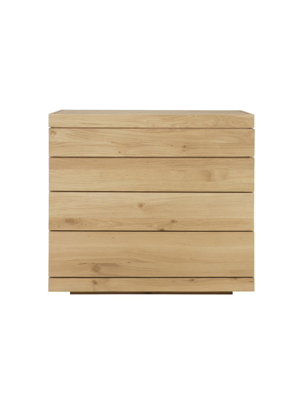 Ethnicraft Burger Dresser, a sleek and modern oak chest of drawers, featuring four wide, handle-less drawers with visible wood grain, presented head-on against a clean white background.