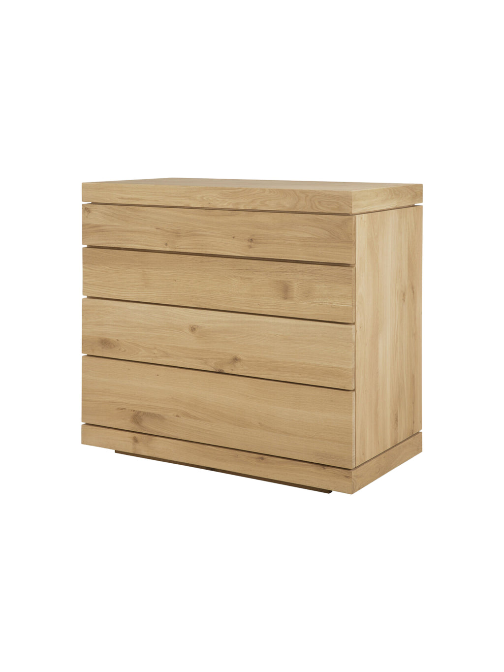 Ethnicraft Burger Dresser, a contemporary oak chest of drawers, showcasing its smooth, light brown wooden texture and four clean, minimalist drawers from a side angle, on a crisp white background.