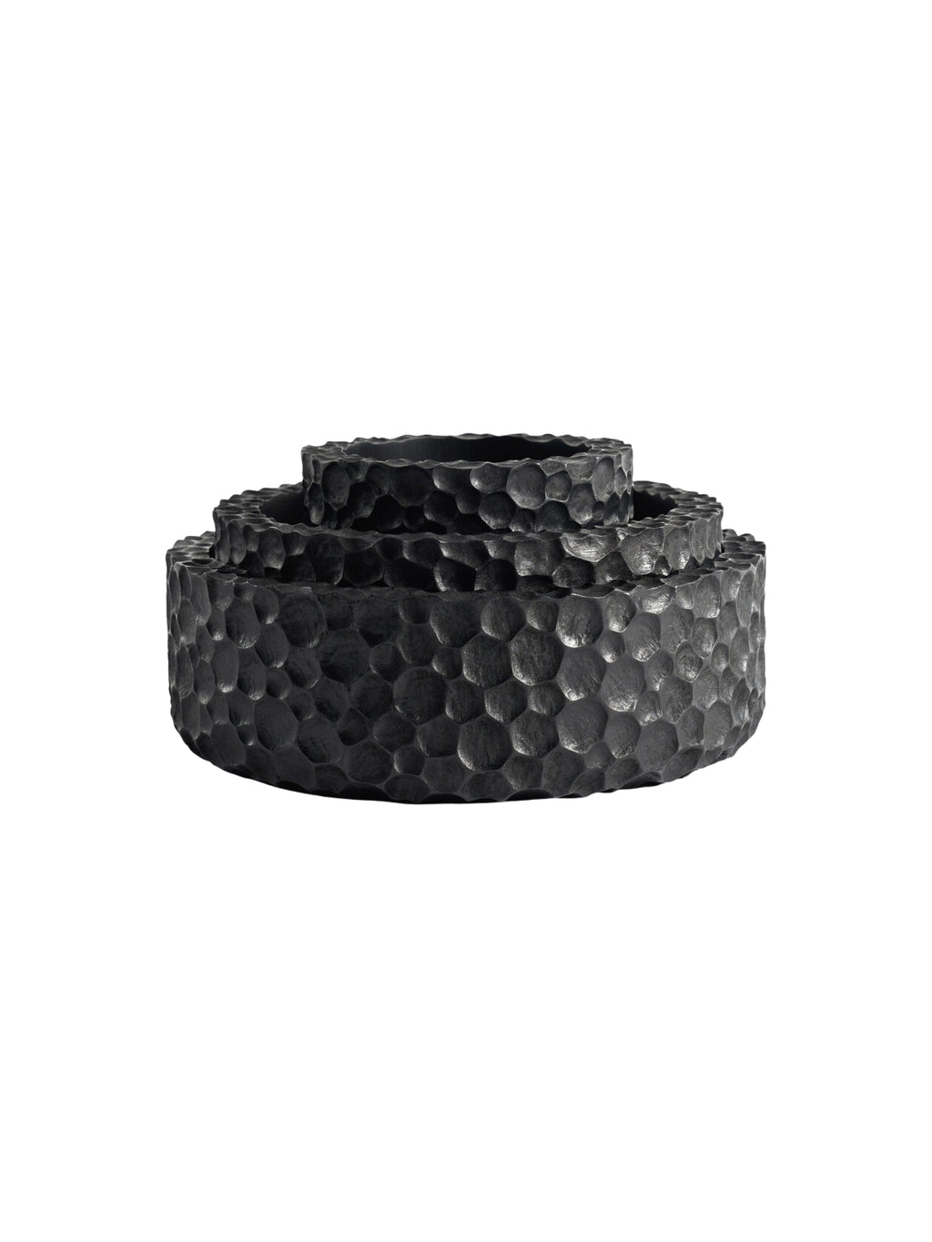 Ethnicraft Chopped Bowl Set, three dark, textured bowls of varying sizes, stacked neatly to form a pyramid, showcasing their unique hammered pattern and deep, rich color, displayed on a clean white background.