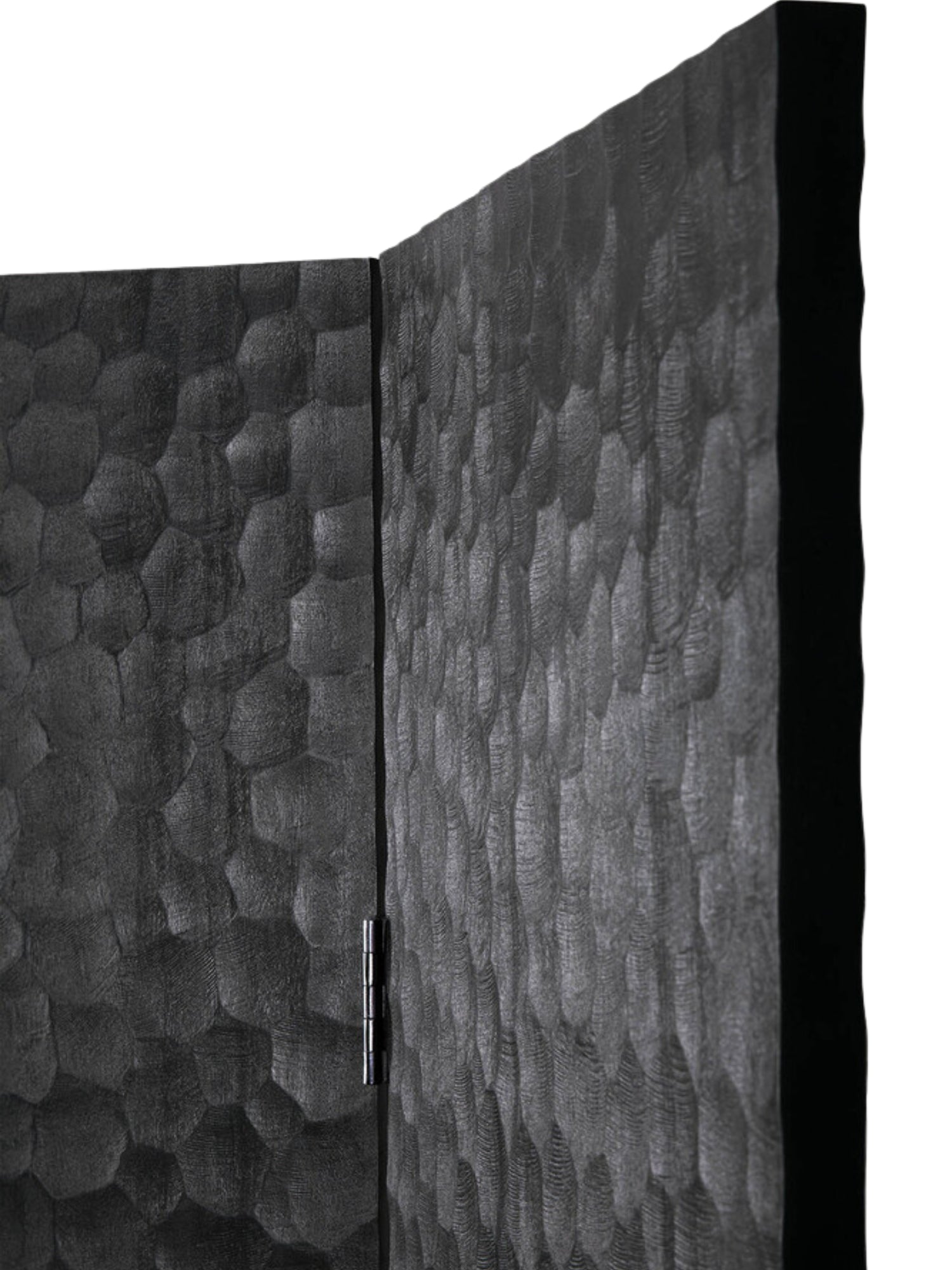 Ethnicraft Elements Side Table, a dark charcoal solid wood side table featuring deeply carved, contrasting textured panels.
