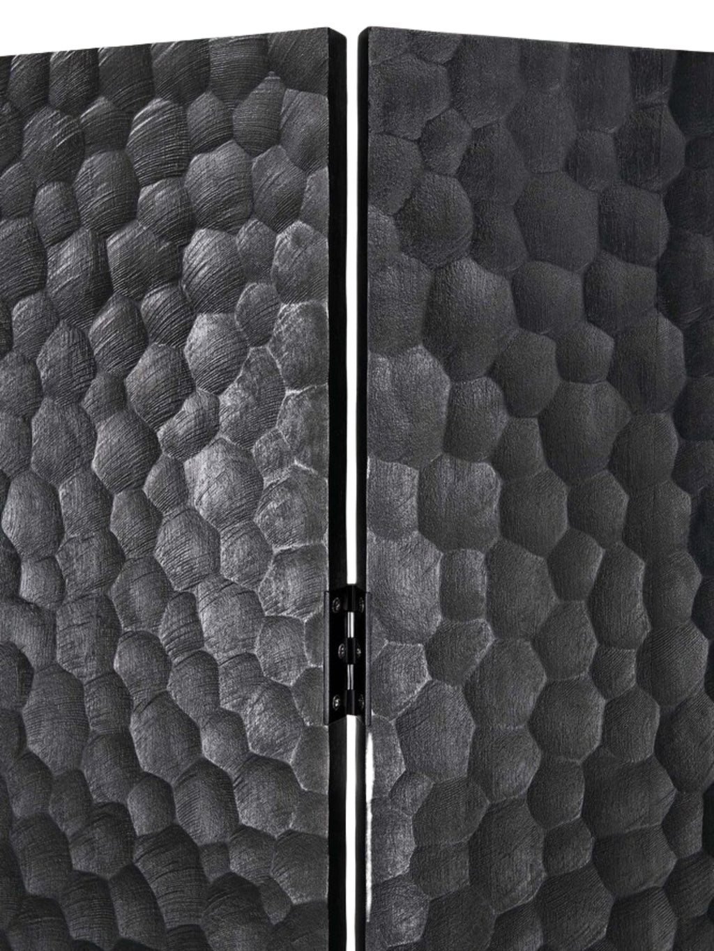 Ethnicraft Chopped Room Divider, a detailed close-up of two panels of the mahogany black screen, highlighting the rich, hand-carved, organic honeycomb-like texture and the sturdy hinge mechanism.