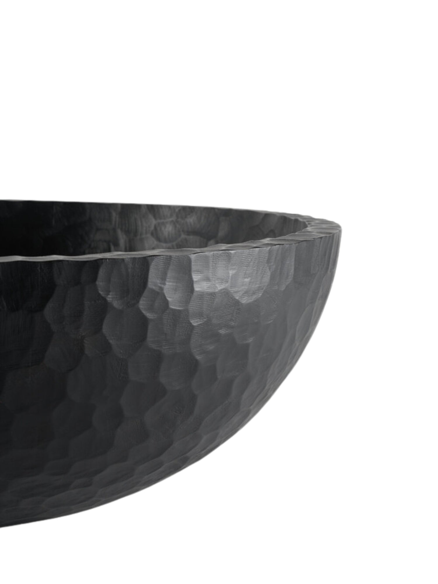Ethnicraft Chopped XL Bowl, a detailed close-up of the side of the large, dark wooden bowl, highlighting its intricate chopped texture and rich, deep color against a bright white background, emphasizing its artisanal quality.