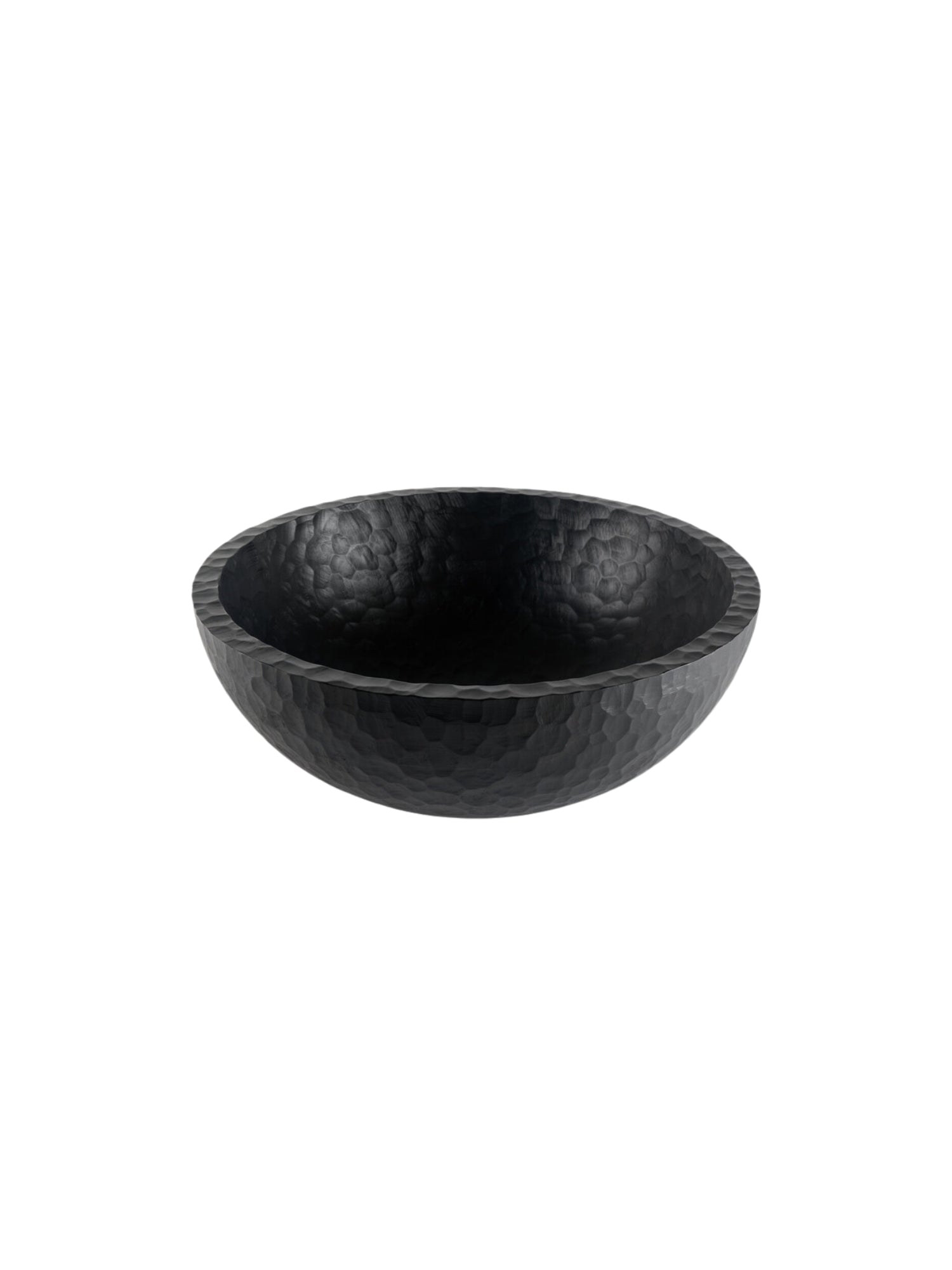 Ethnicraft Chopped XL Bowl, a slightly angled view of the large, dark wooden bowl, showcasing its unique chopped texture across the entire surface, presented on a crisp white background, emphasizing its handcrafted appeal.