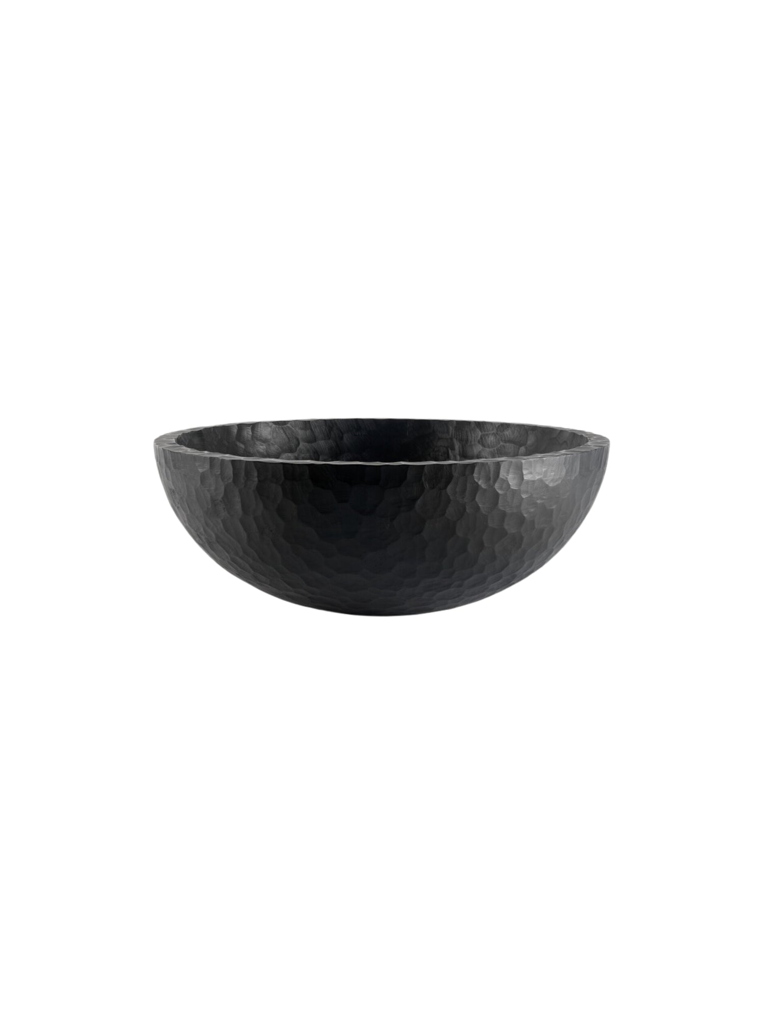 Ethnicraft Chopped XL Bowl, a front view of the large, round, dark wooden bowl featuring a distinctive chopped, textured surface, presented on a clean white background, showcasing its unique craftsmanship.