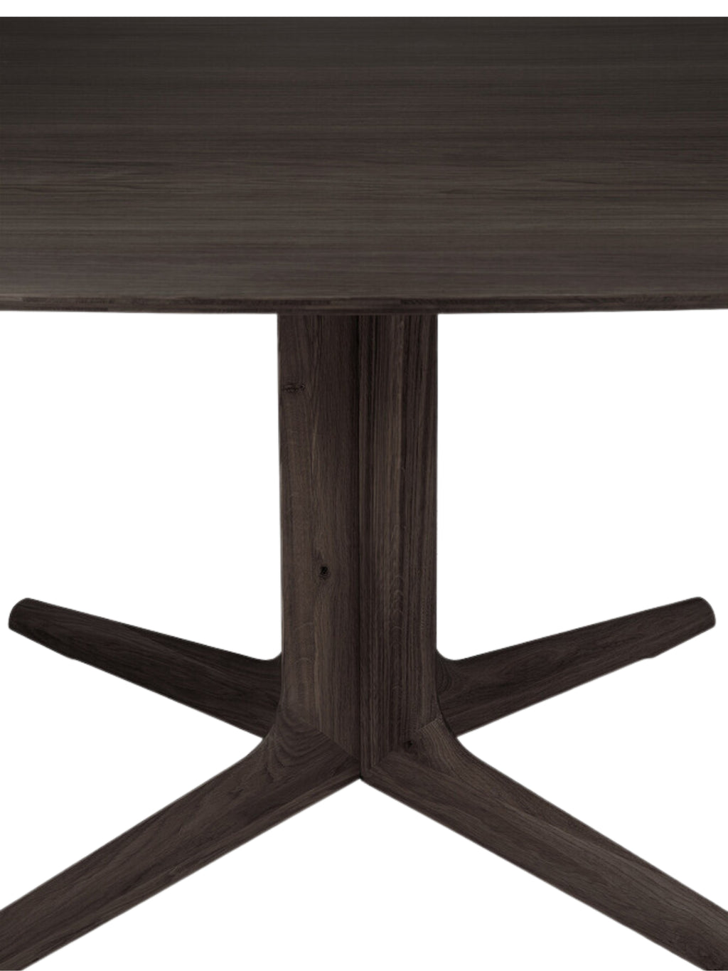 Ethnicraft Corto Dining Table detail shot, showcasing the rich dark brown oak grain and the seamless connection of the square tabletop to the robust, modern pedestal base.