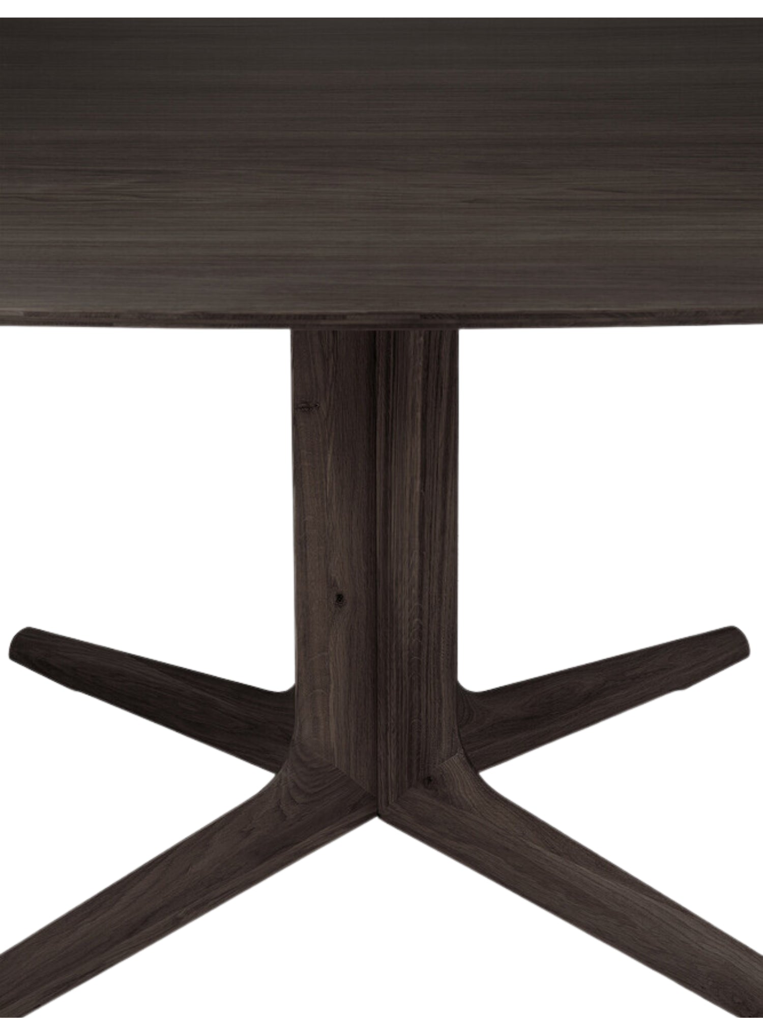 Ethnicraft Corto Dining Table detail shot, showcasing the rich dark brown oak grain and the seamless connection of the square tabletop to the robust, modern pedestal base.