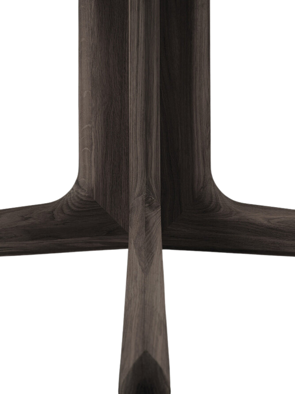 Ethnicraft Corto Dining Table base detail, highlighting the intricate joinery and sculptural form of the dark brown oak pedestal legs, showcasing expert craftsmanship and stability.